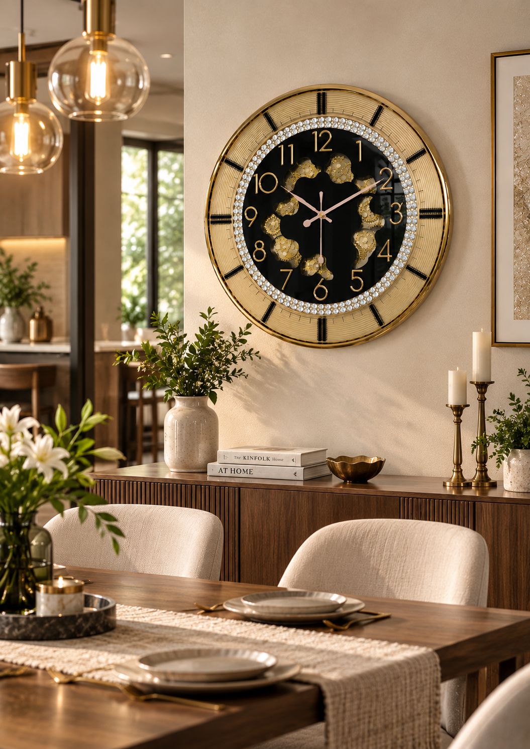 16 inch Black gold wall clock with working decorative gears, crystal-studded dial and raised gold numerals in dining room