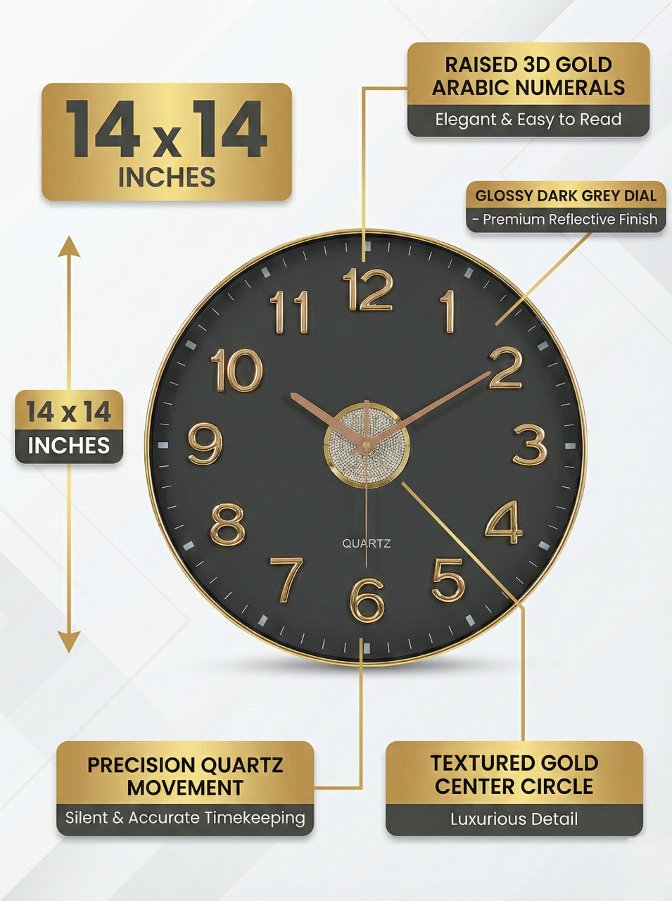 Luxury Dark Grey Wall Clock 14x14 Inch | 3D Gold Arabic Numerals | Silent Quartz Movement