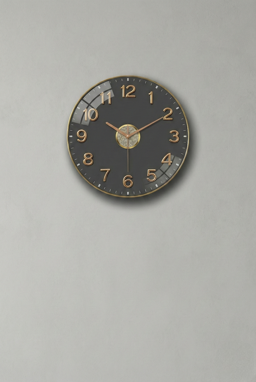 Luxury Dark Grey Wall Clock 14x14 Inch | 3D Gold Arabic Numerals | Silent Quartz Movement