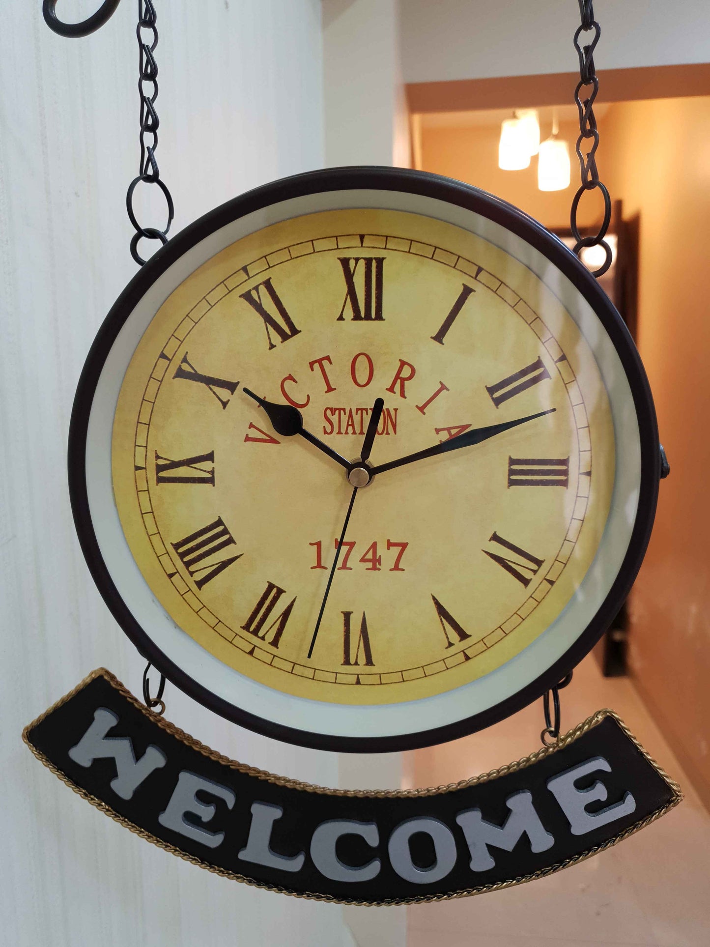 FunkyTradition Luxury Look Black Round Wall Hanging Double Sided 2 Faces Retro Victoria Station Wall Clock