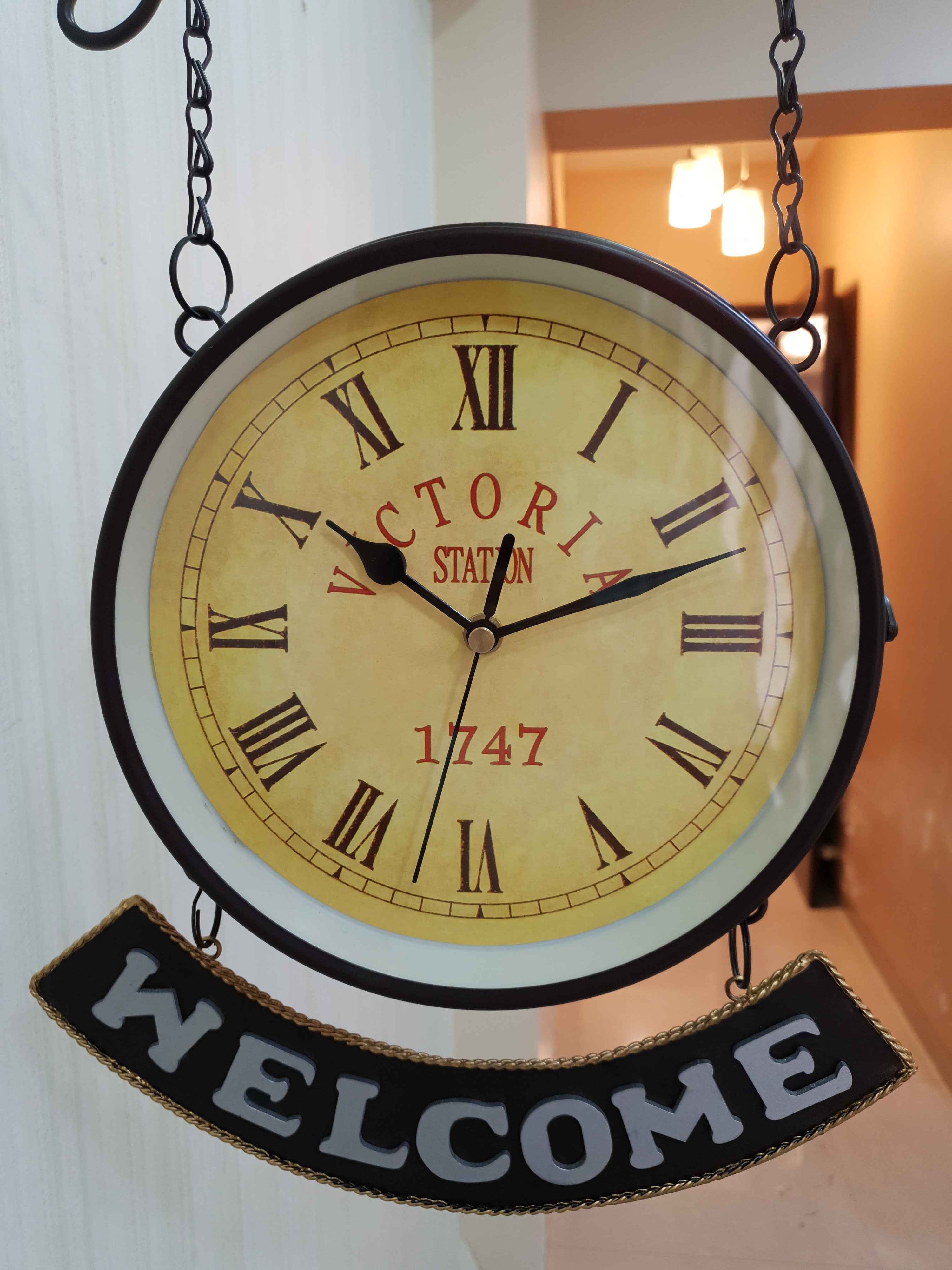 FunkyDecors Luxury Look Black Round Wall Hanging Double Sided 2 Faces Retro Victoria Station Wall Clock