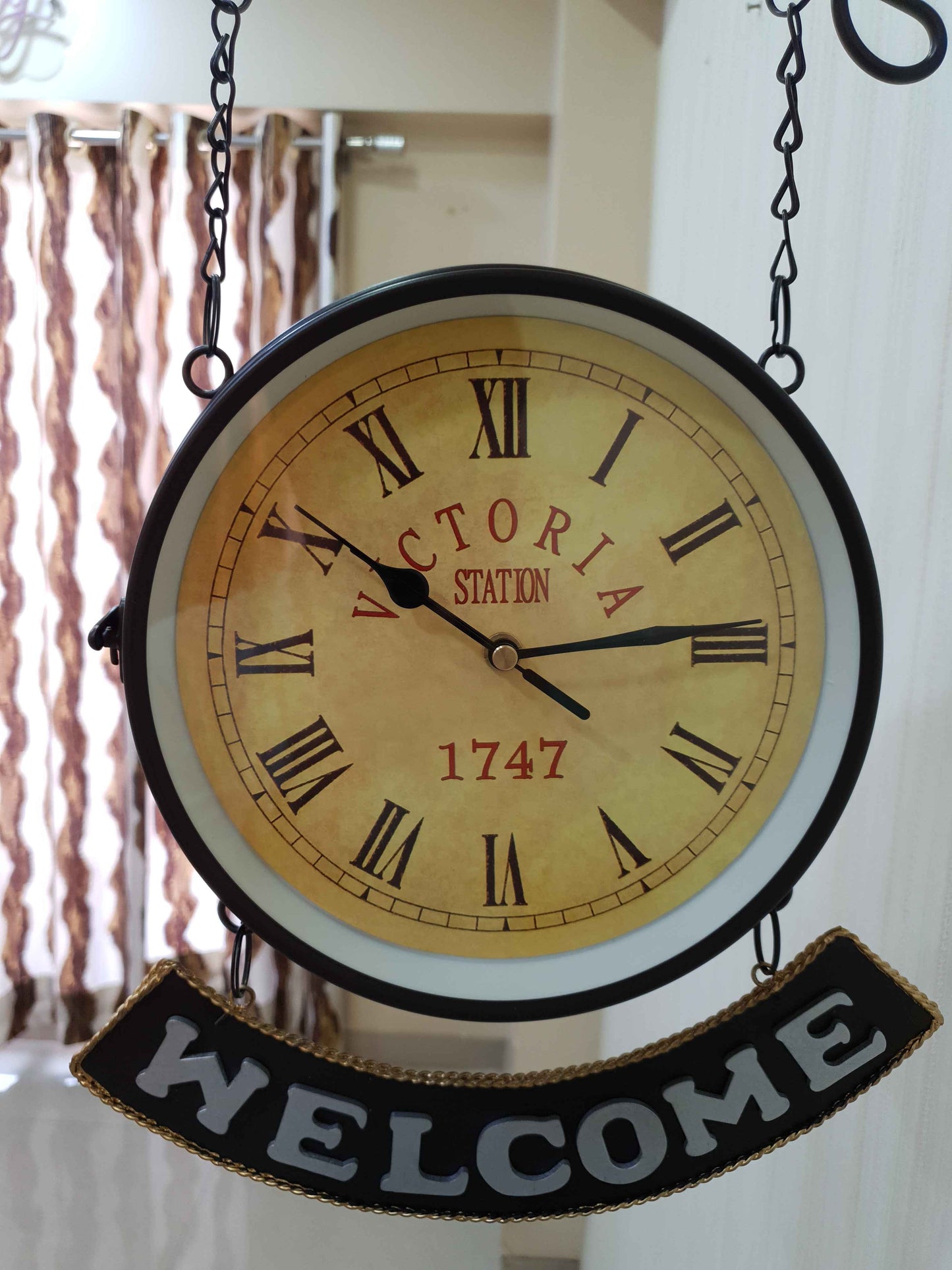 FunkyTradition Luxury Look Black Round Wall Hanging Double Sided 2 Faces Retro Victoria Station Wall Clock