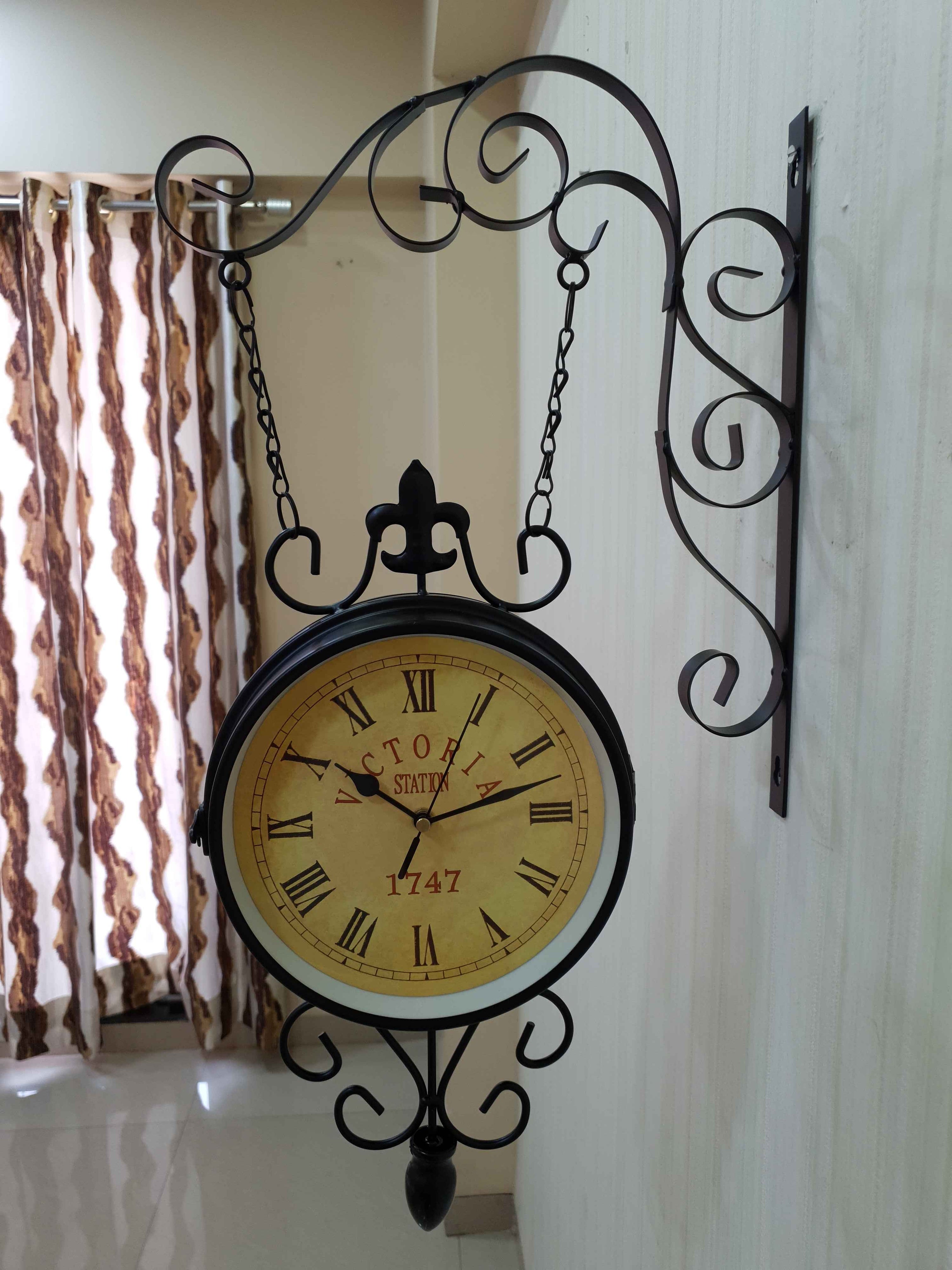 FunkyDecors Luxury Look Black Round Wall Hanging Double Sided 2 Faces Retro Victoria Station Wall Clock