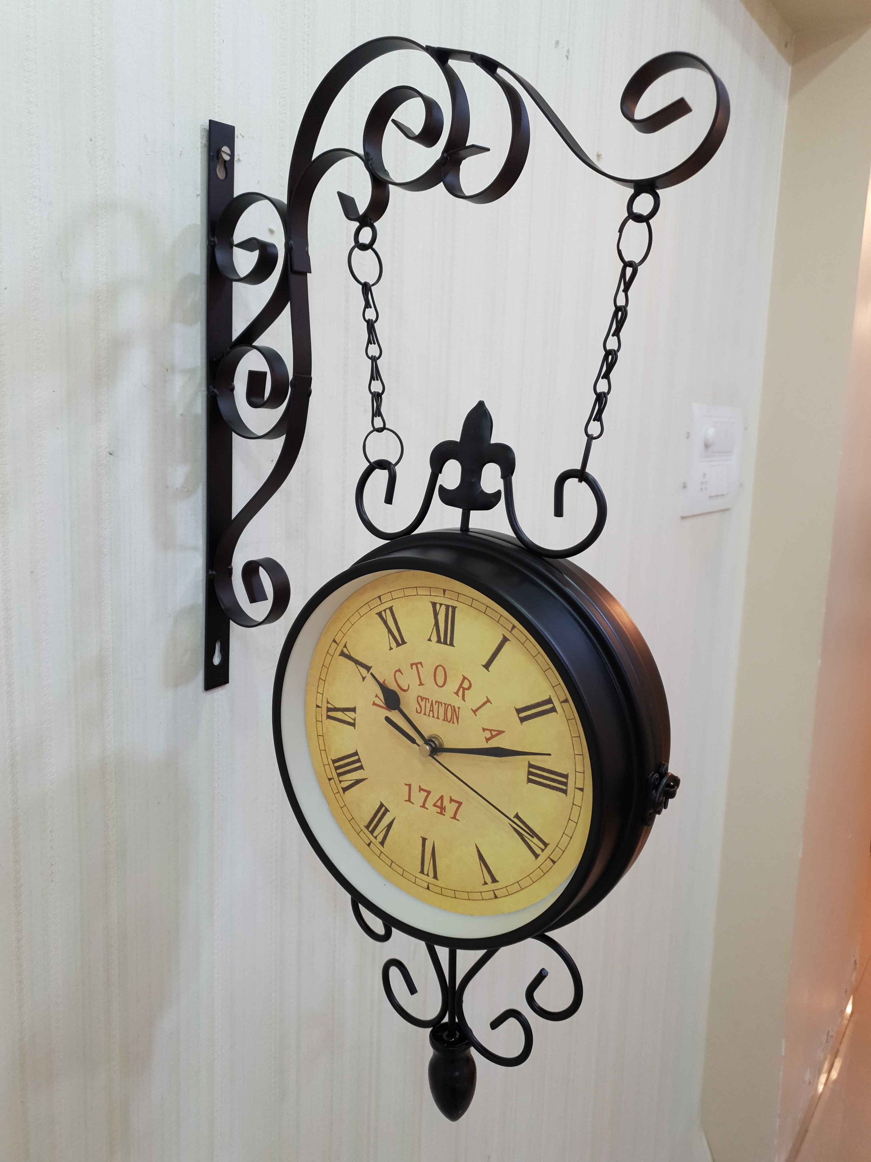 FunkyDecors Luxury Look Black Round Wall Hanging Double Sided 2 Faces Retro Victoria Station Wall Clock