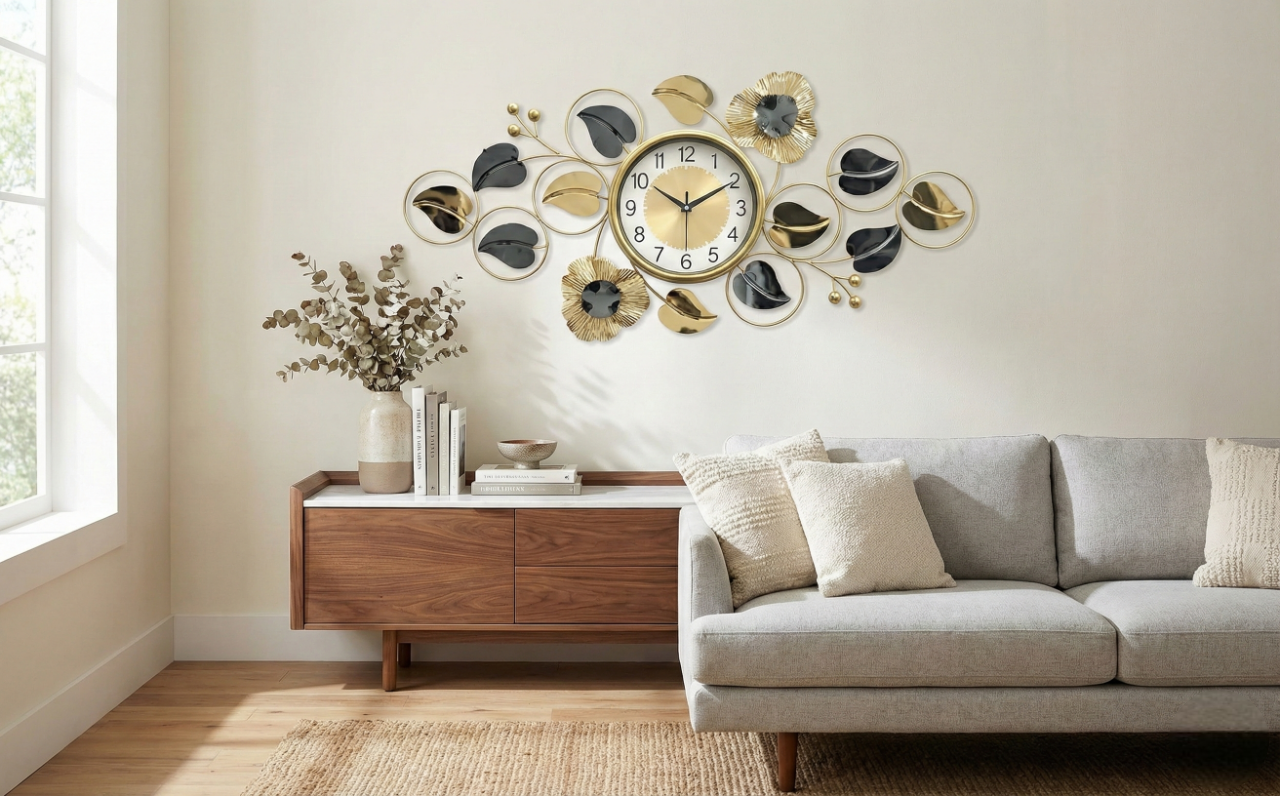 Luxury Iron Floral Wall Clock by FunkyDecors – Large Gold & Black Metal Wall Art Décor (90x45 cm) - Silent Movement