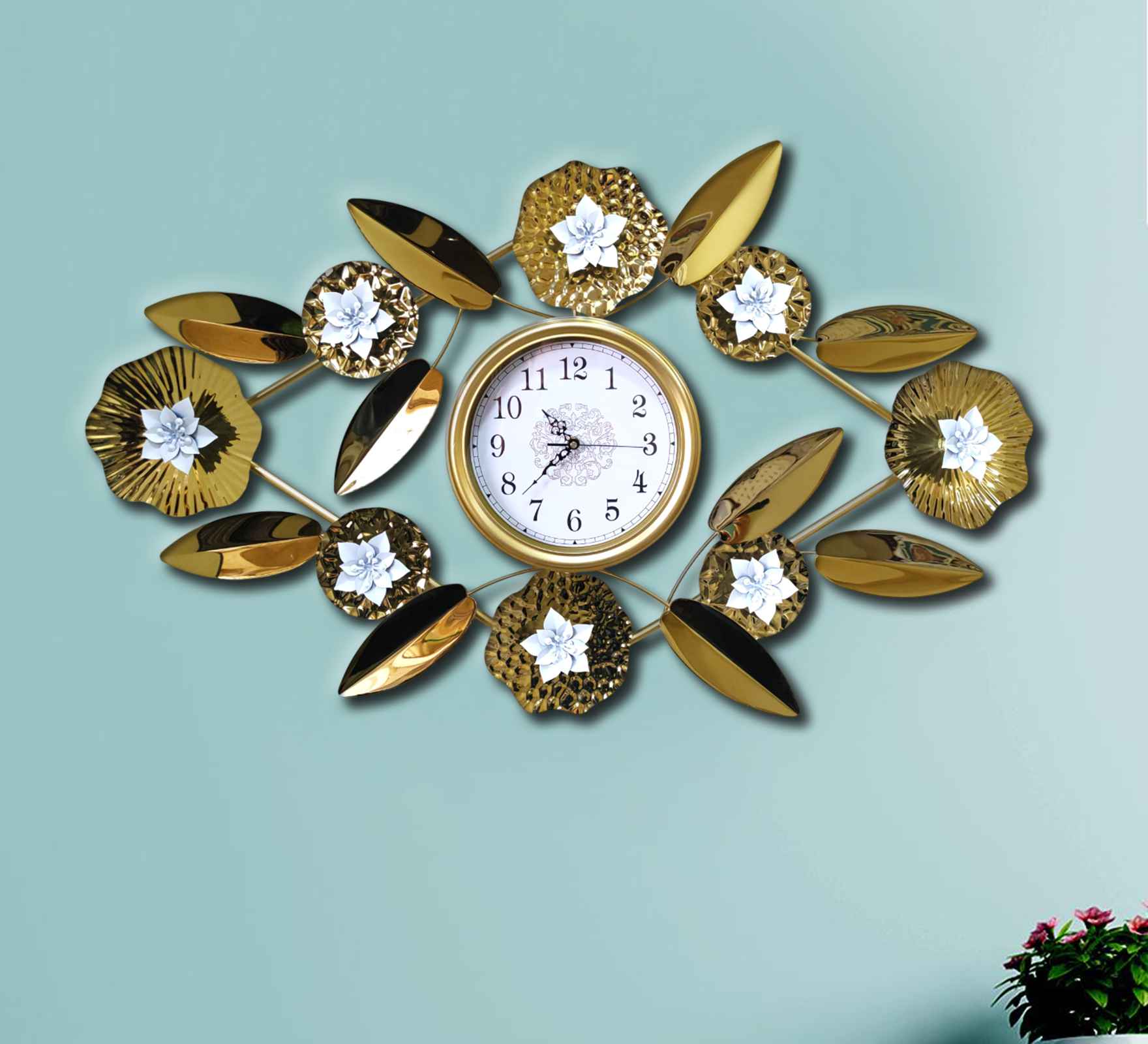 Luxury Gold Leaf Floral Wall Clock and Elegant Metal Art for Home Décor- FunkyDecors