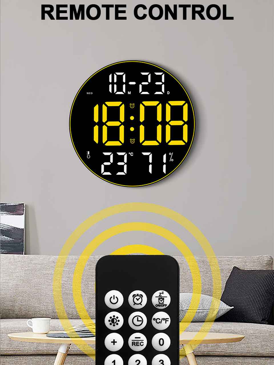 Modern Digital LED Wall Clock with Remote Control – Large Display, Temperature & Humidity Monitor, Multi-Color Options