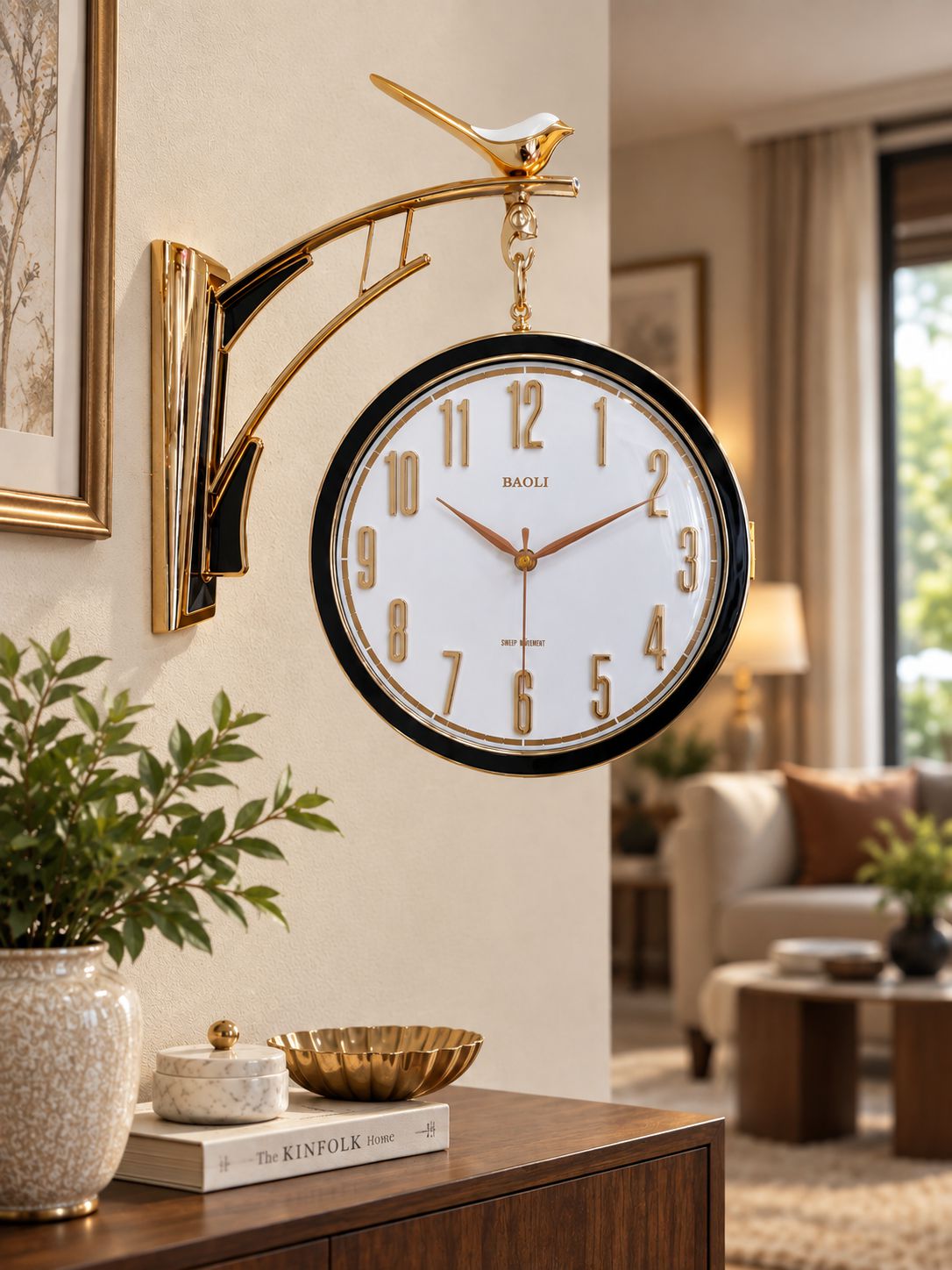 A BAOLI wall clock with a gold bird-shaped bracket and black rim, mounted on a beige wall in a modern living room setting.