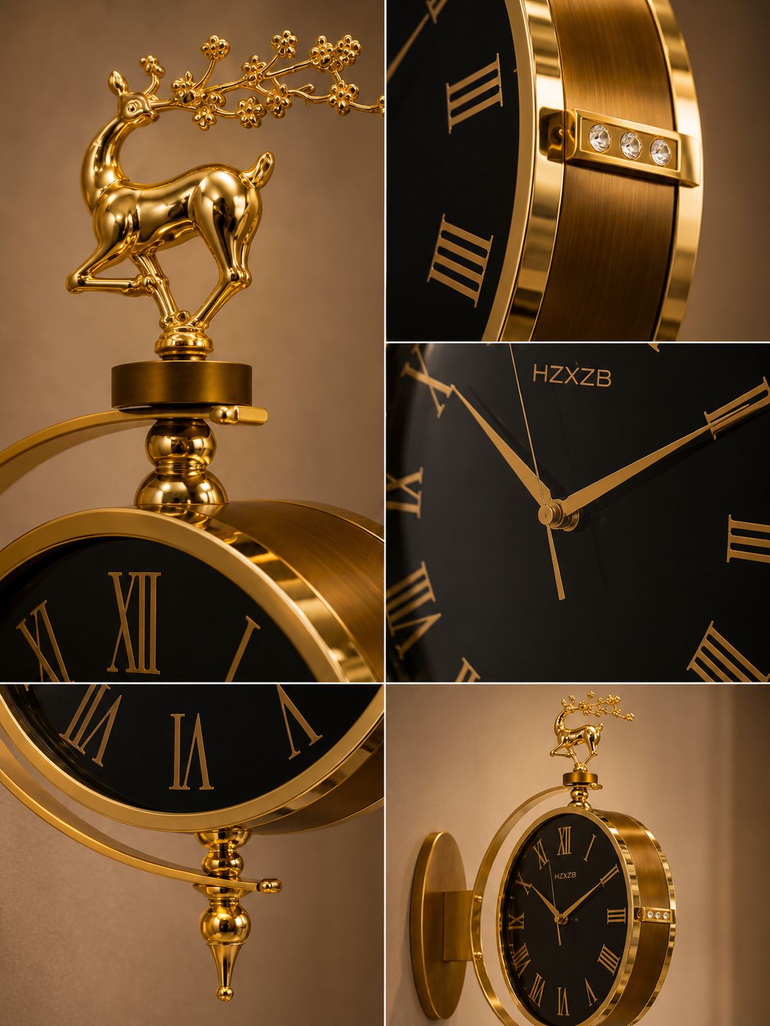 A collage showing close-up details of a decorative wall clock with a gold deer figurine on top, black dial face, gold Roman numerals, and a brass-toned outer frame. The collage includes views of the side detail with crystal accents, the clock face with gold hands and the brand text &