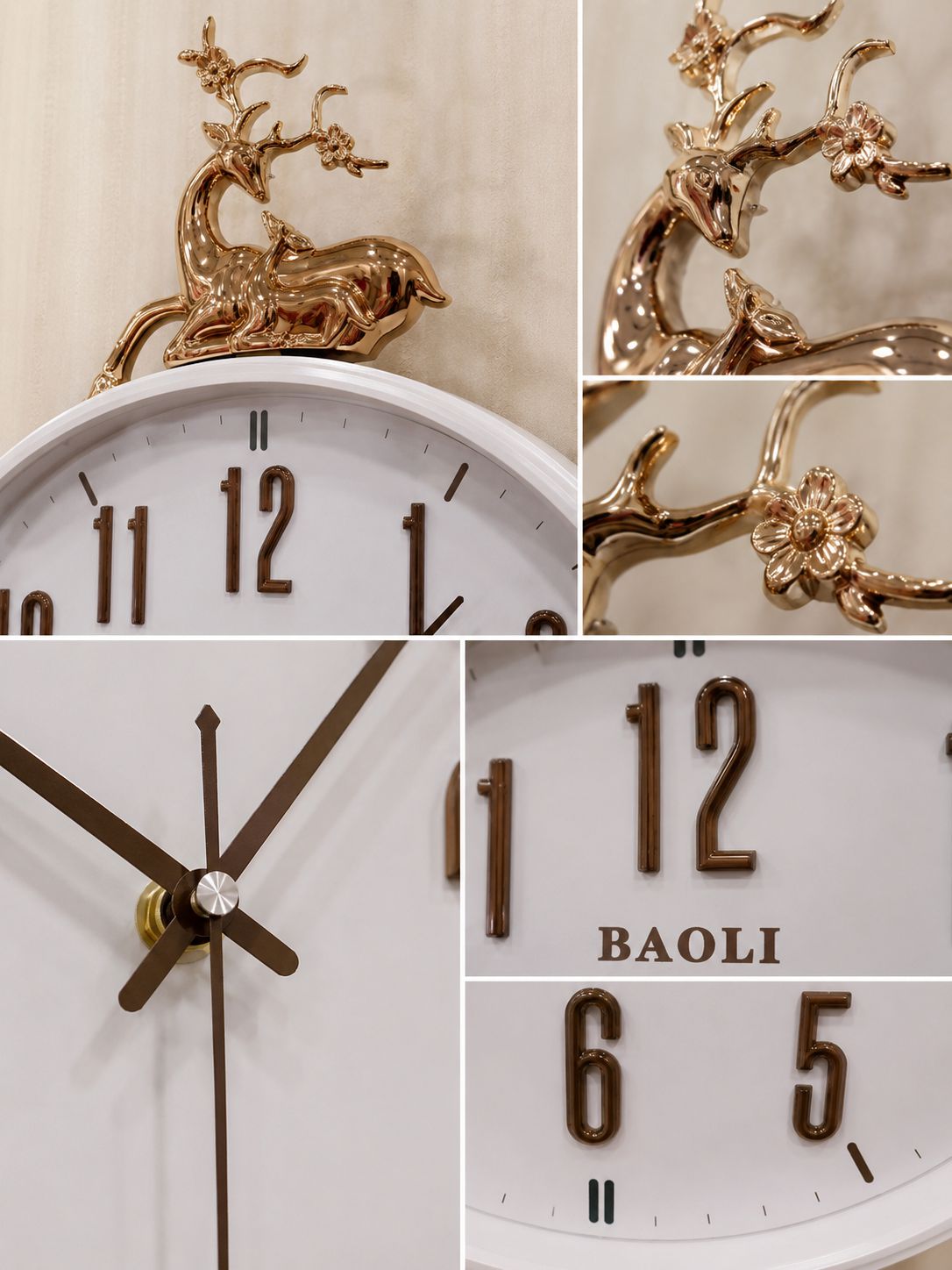 A collage showing close-up details of a wall clock with a white face, dark brown numerals and hands, and a metallic gold deer and antler ornament on top. The text &