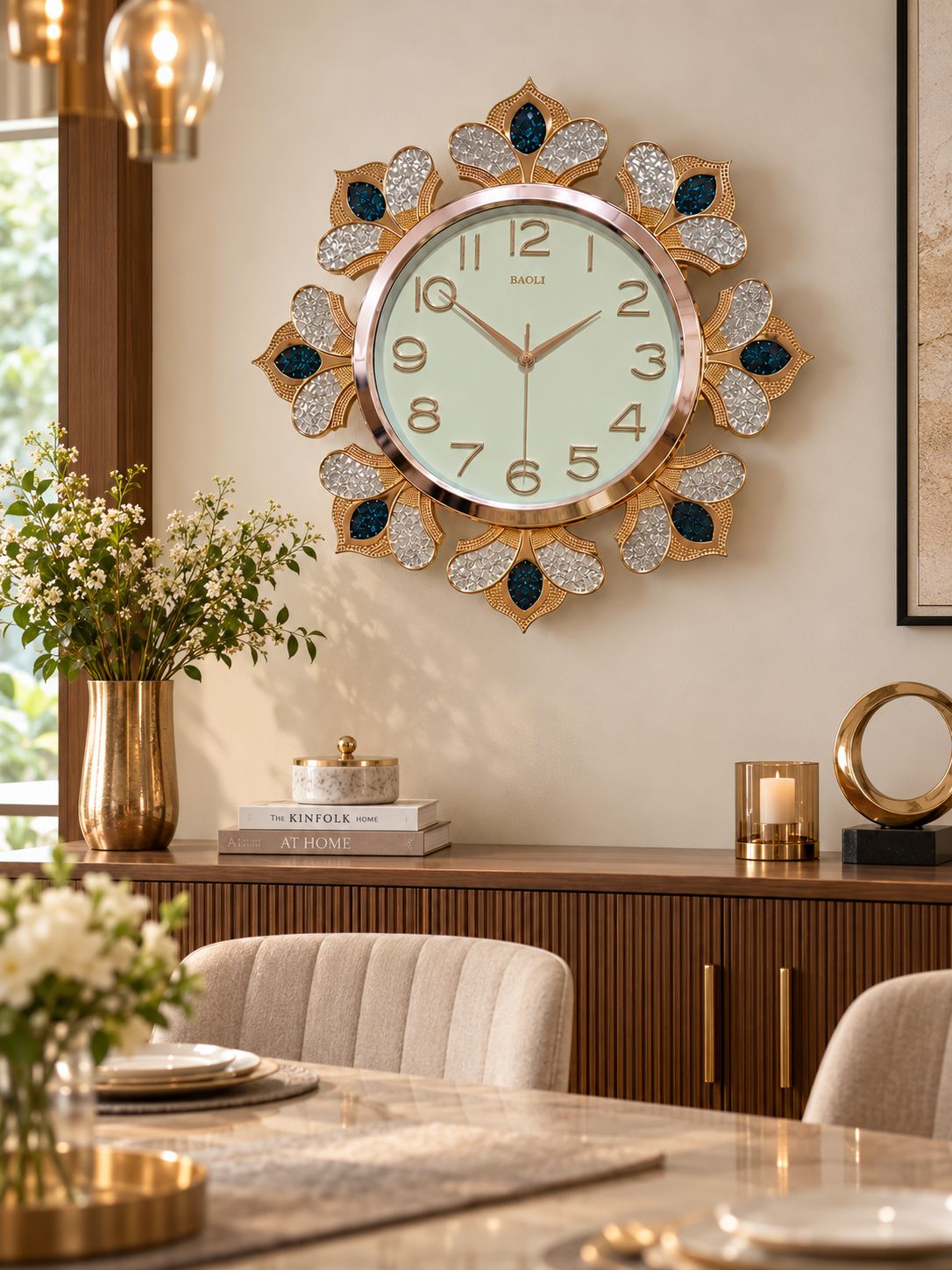 A decorative wall clock with a gold-tone sunburst frame, silver rhinestone petal details, and dark blue teardrop accents, mounted on a beige wall above a wooden sideboard in a styled dining room.