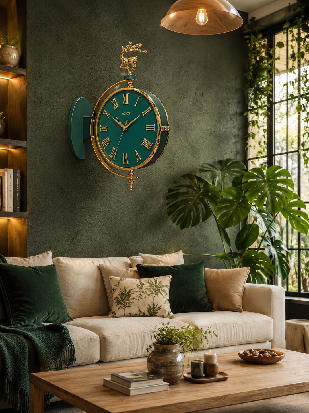 A decorative wall clock with a teal face and gold frame hangs on a dark green wall above a cream sofa in a styled living room with plants, pillows, a coffee table, and a hanging light.