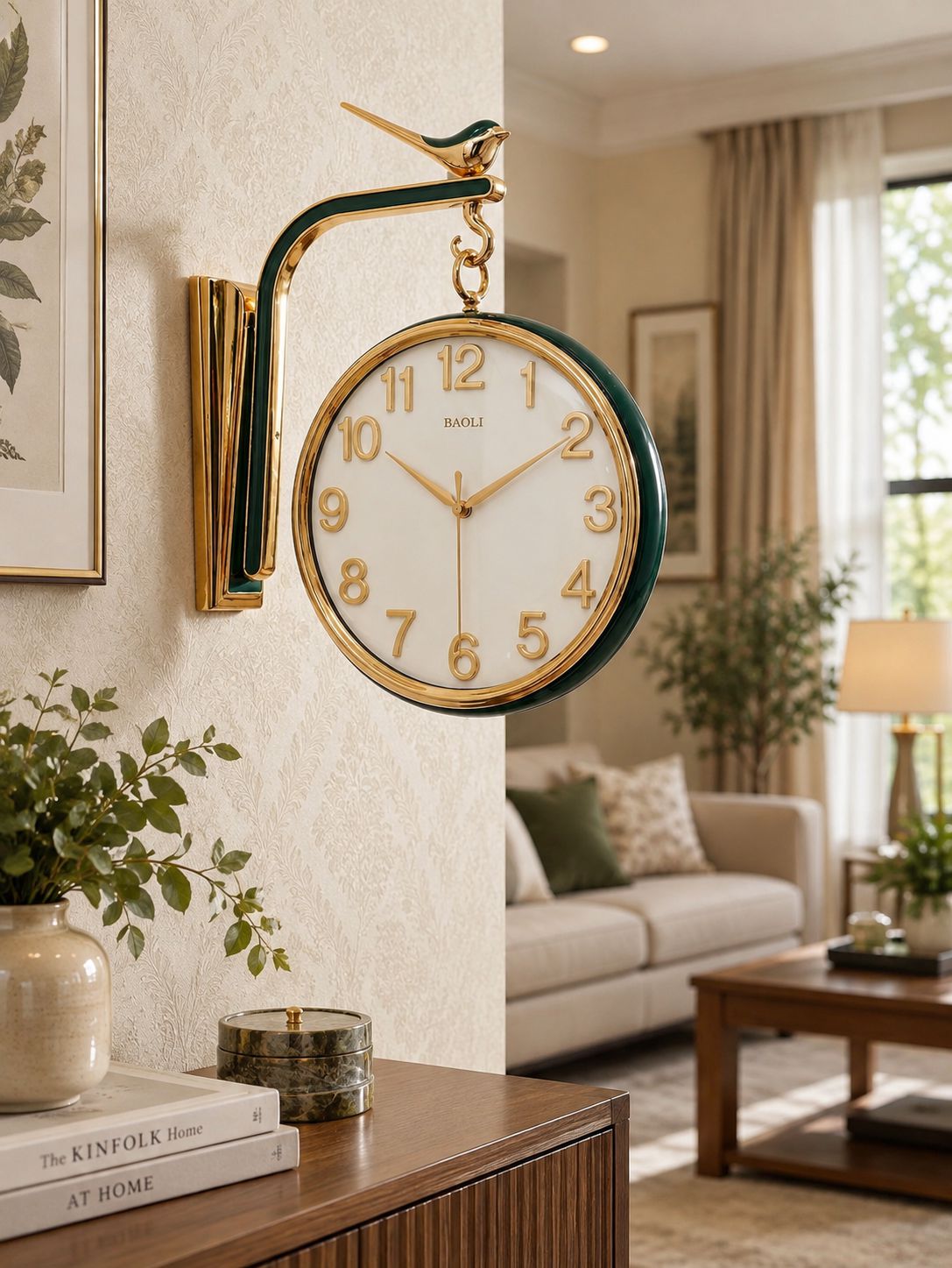 A decorative wall clock with a white face, gold numerals and hands, and a dark green outer frame mounted on a beige wall in a styled living room.