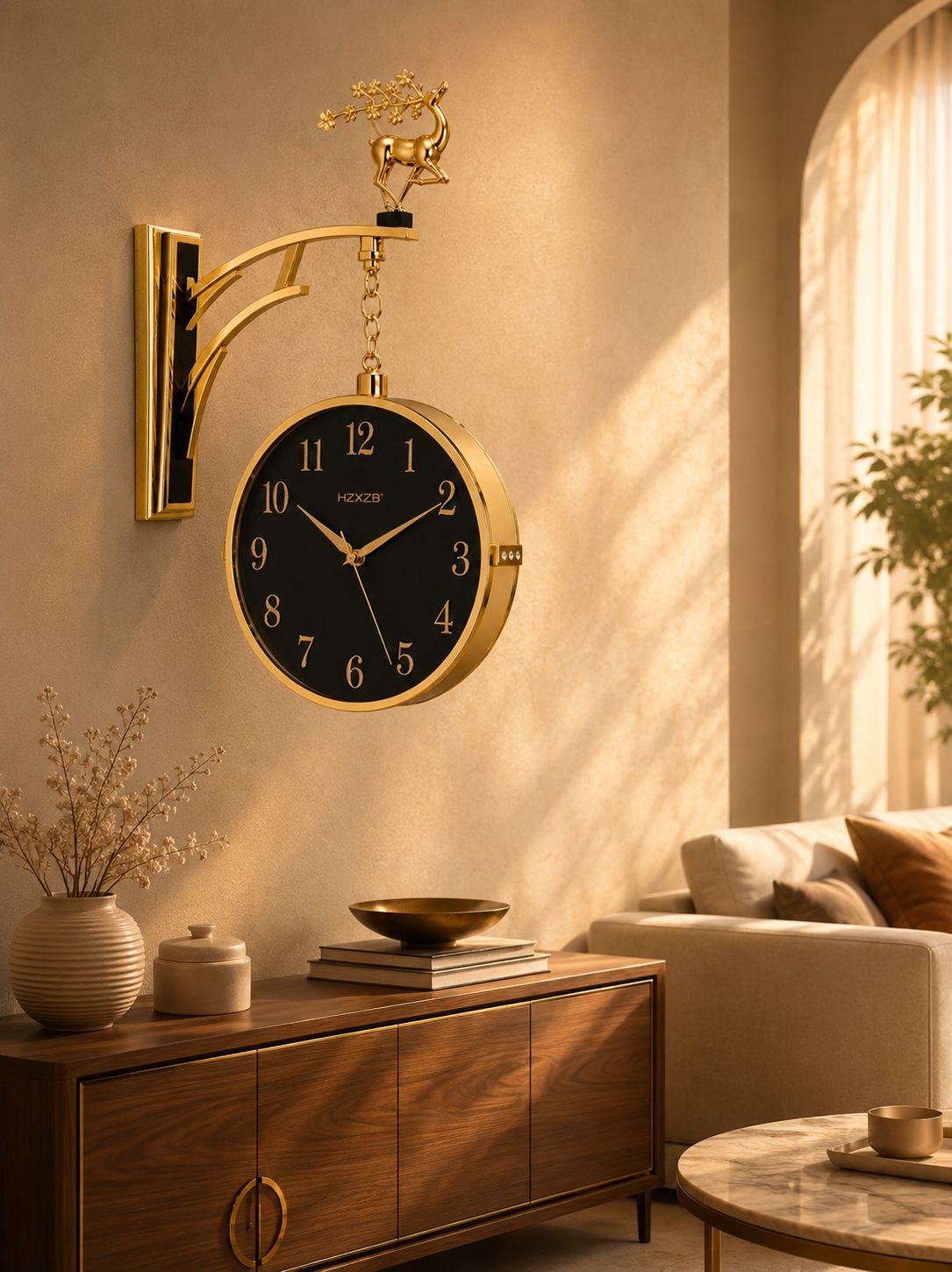 A gold wall-mounted clock with a black face and gold numerals, hung on a beige wall in a warm, sunlit living room above a wooden console table.