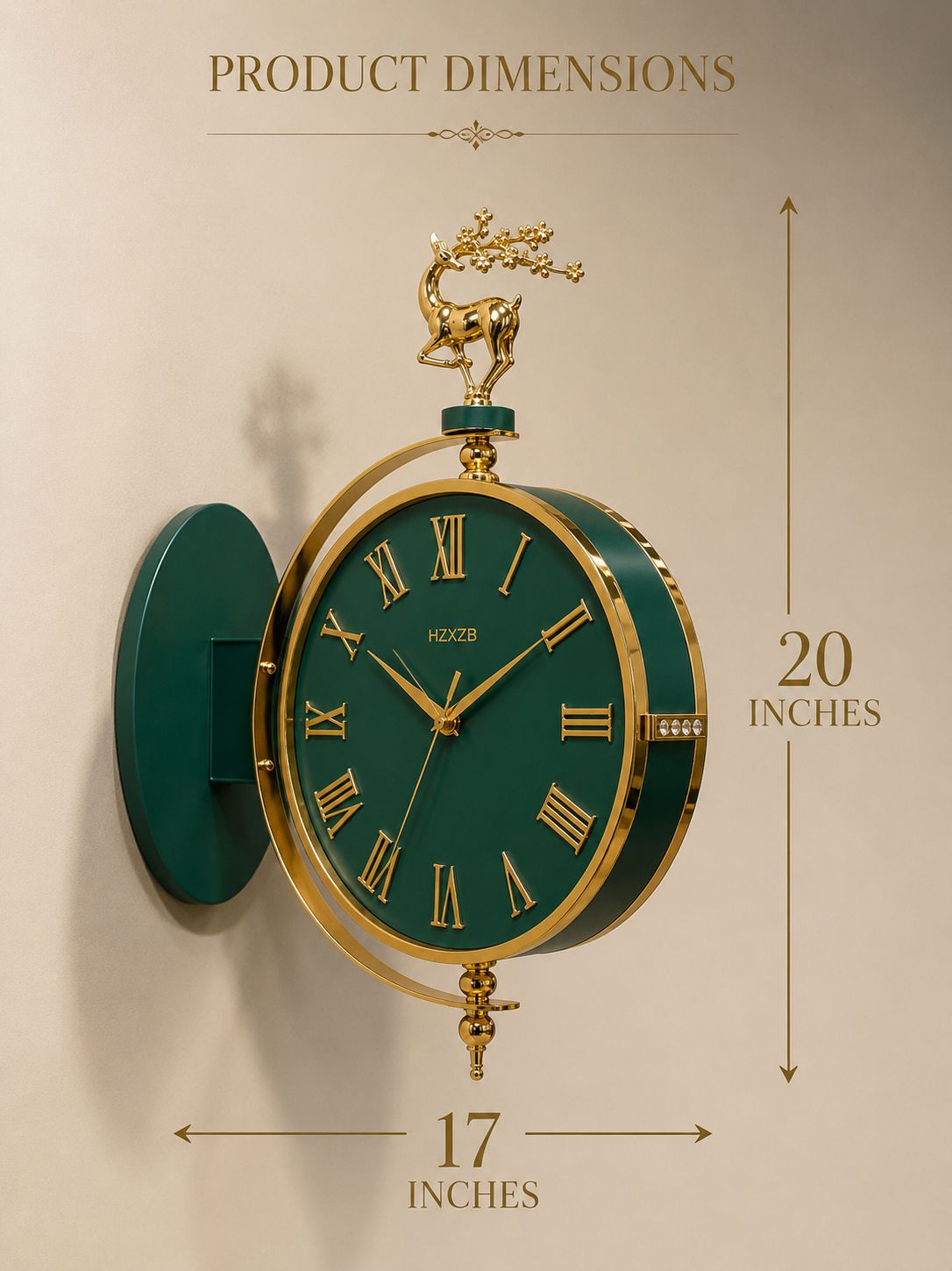 A green and gold wall clock shown with dimension annotations: 20 inches tall and 17 inches wide, on a beige background with the heading &