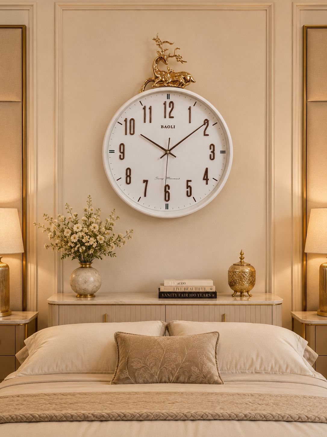 A large round wall clock with a white face and black Arabic numerals hangs above a bed in a warm, beige-toned bedroom. The clock has a decorative gold horse figure at the top and the brand name &
