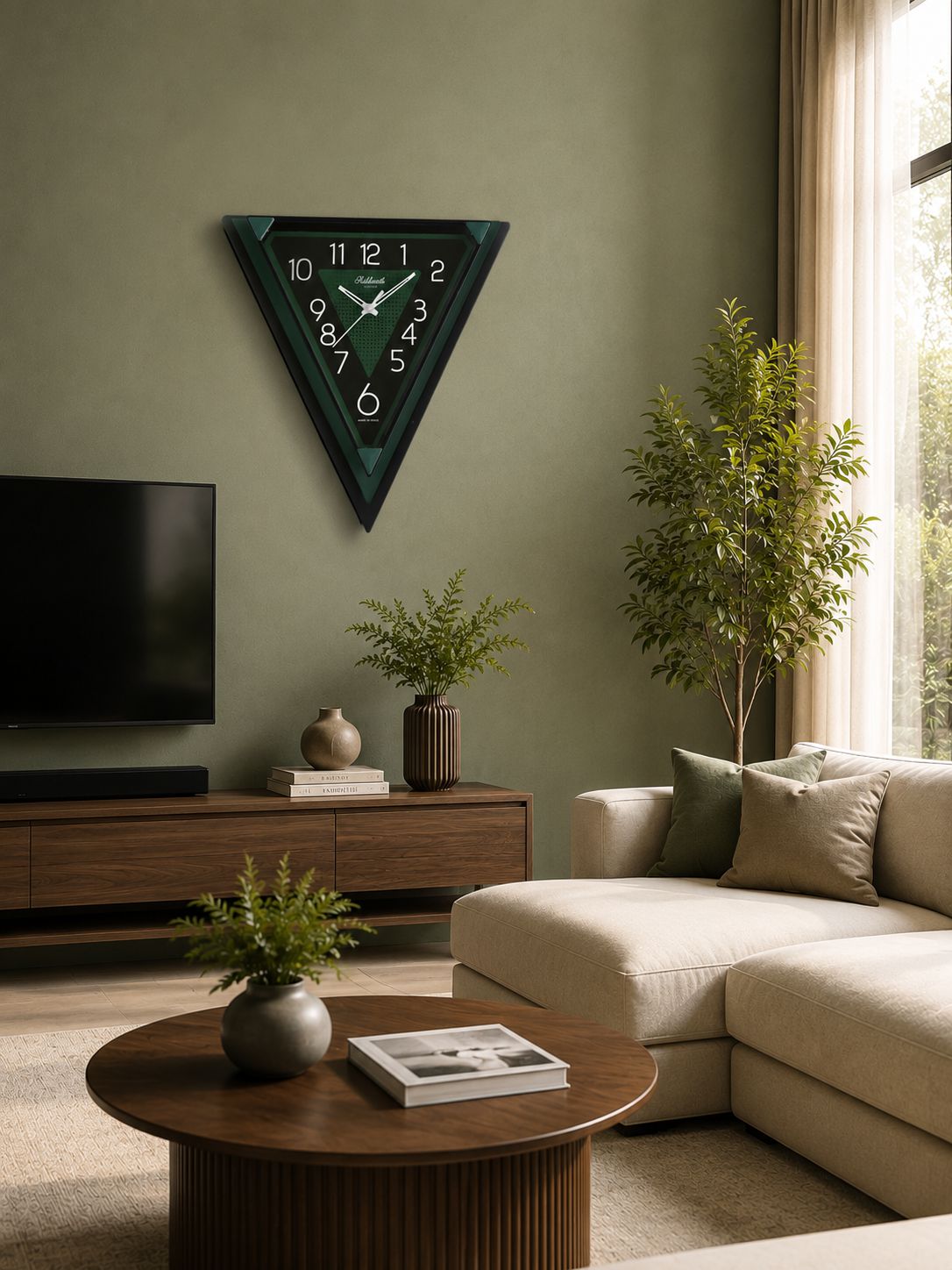 A modern triangular wall clock with a dark green and black frame and white numerals, hanging on a sage green wall in a styled living room with a beige sectional sofa, wooden coffee table, and potted plants.