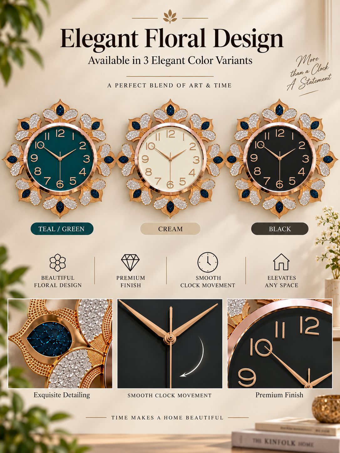 A promotional graphic for decorative wall clocks with an elegant floral frame. The top section shows three clock designs labeled Teal/Green, Cream, and Black, with text reading &