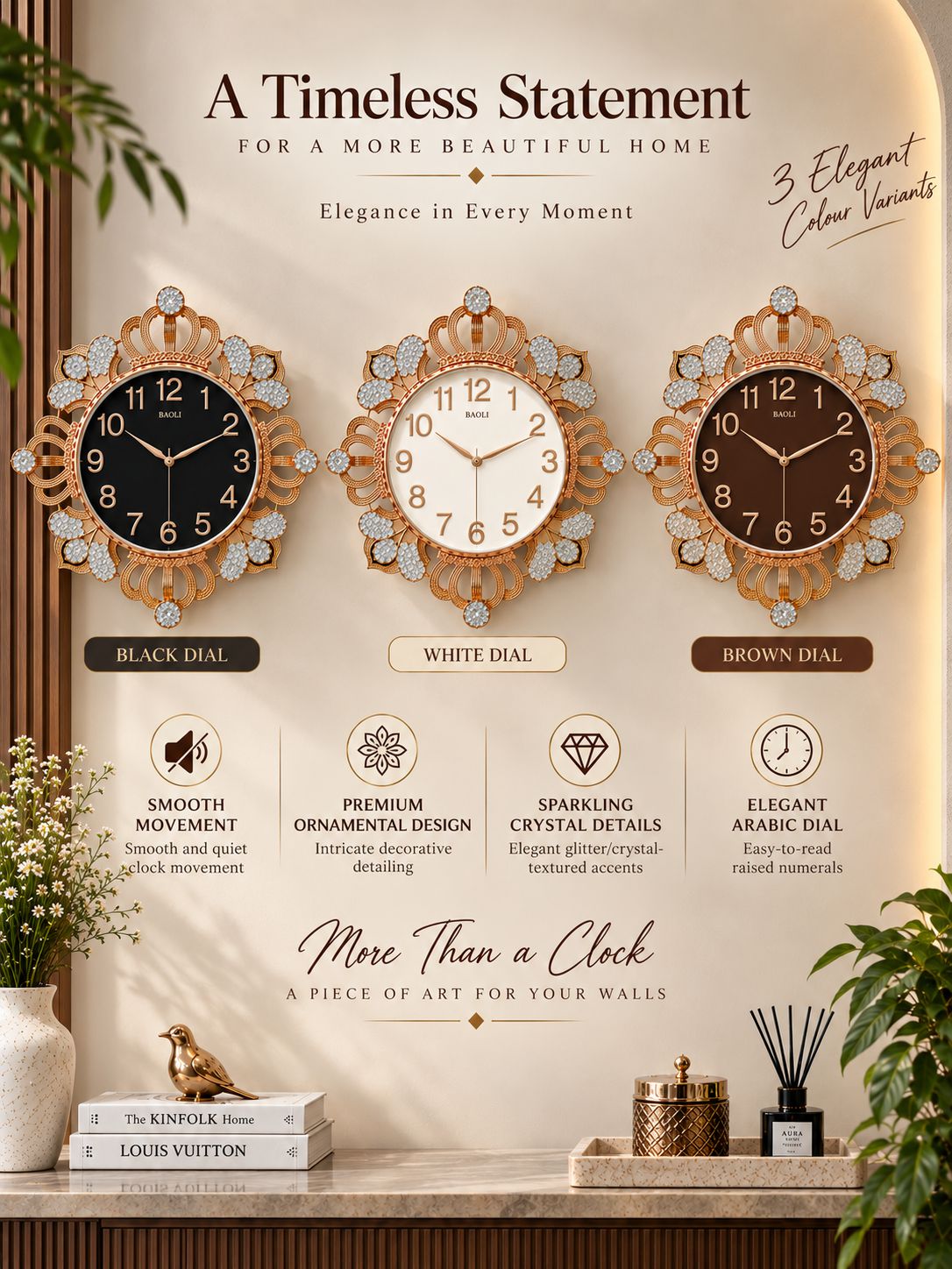 A promotional graphic for three ornate wall clocks labeled Black Dial, White Dial, and Brown Dial, shown in a styled interior setting with decorative plants, books, and home accessories. Large text reads &