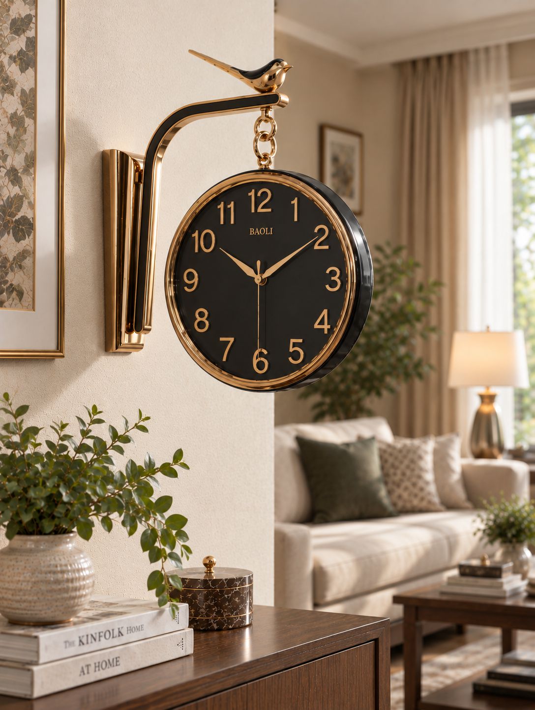 A round wall clock with a black face and gold trim, mounted on a gold-colored bracket shaped like a bird perched on a branch, shown in a styled living room setting.
