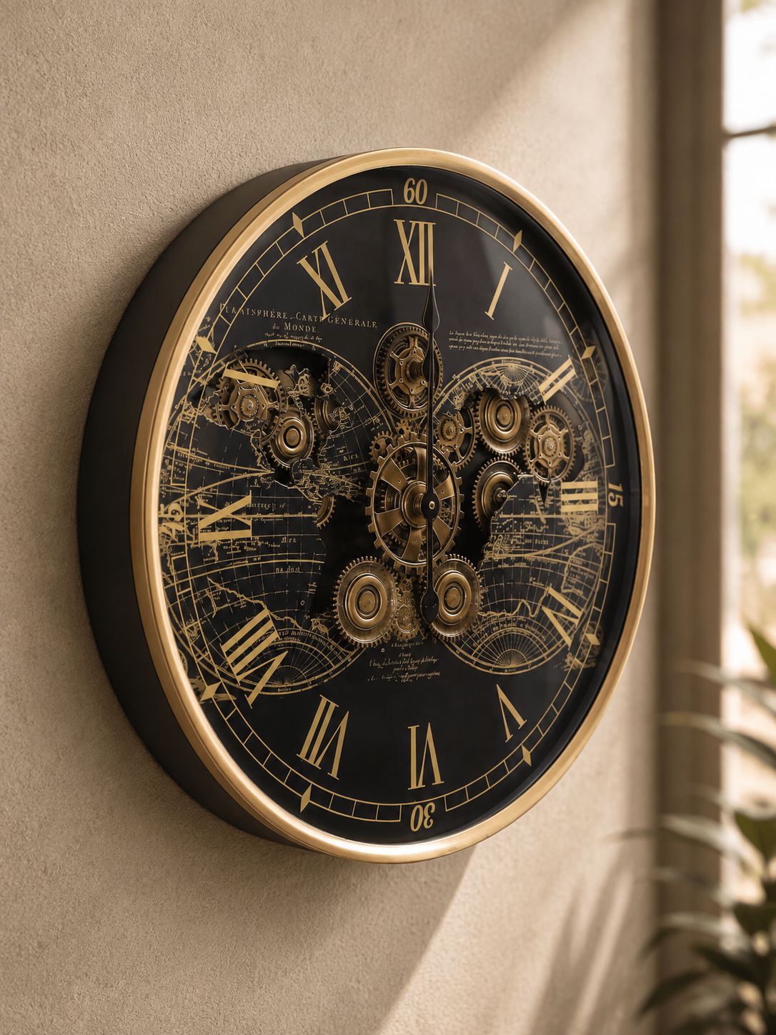 A round wall clock with a black face, gold Roman numerals, and an intricate gold mechanical gear design in the center, mounted on a beige wall.