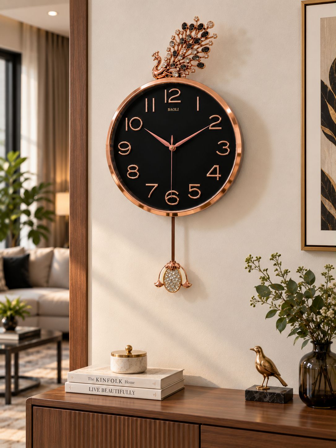 A round wall clock with a black face, rose gold-tone frame and numerals, hanging on a beige wall above a wooden console table in a styled living room setting.