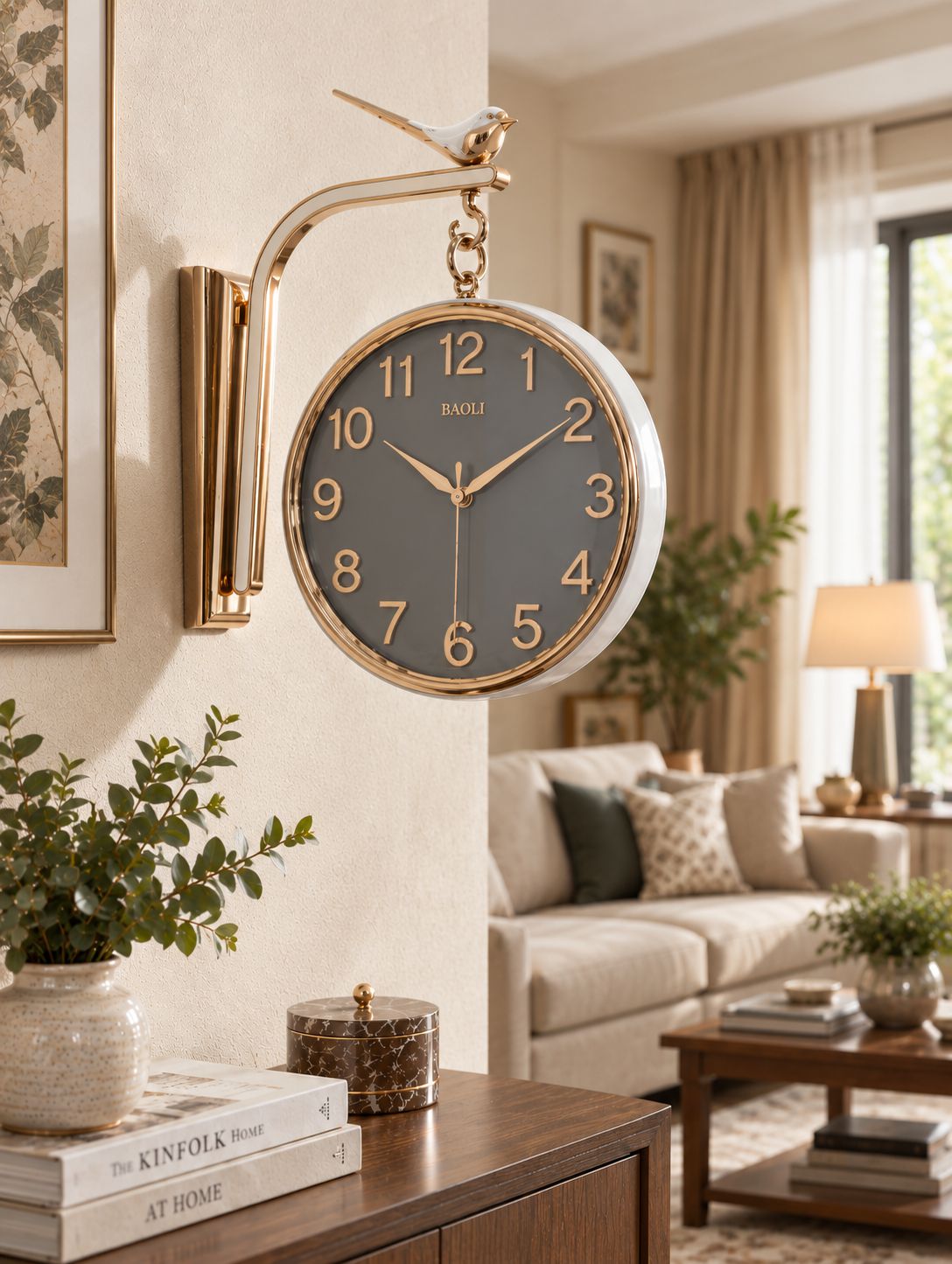 A round wall clock with a dark gray face, gold numerals and hands, and a gold wall mount with a bird detail, shown hanging in a styled living room.
