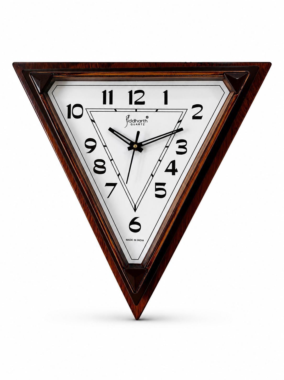 A triangular wall clock with a dark brown wood frame and a white clock face featuring black numbers and hands, shown against a plain white background.