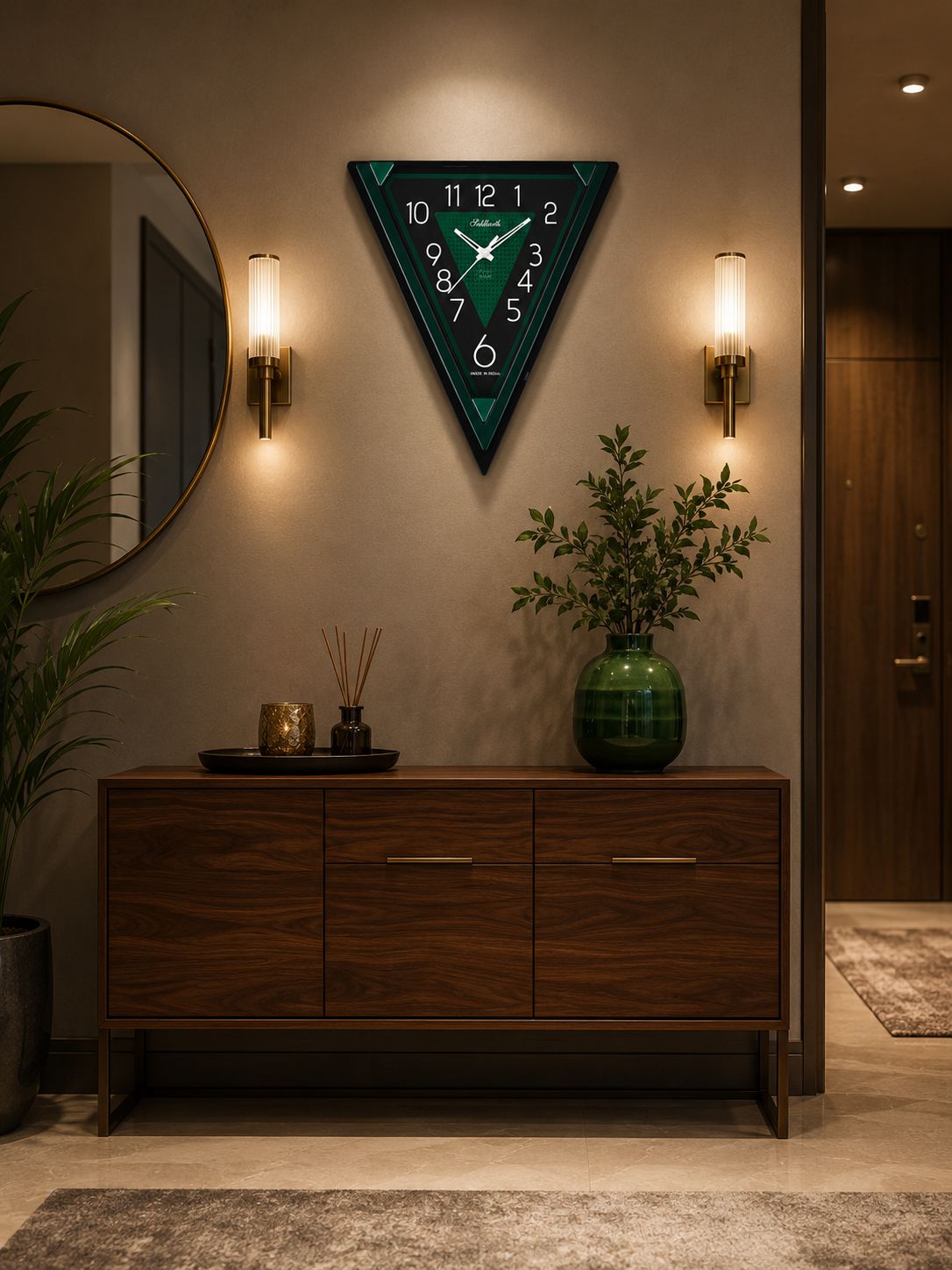 A triangular wall clock with a dark green and black patterned face and white numerals, mounted on a beige wall in a modern entryway above a wooden console table.