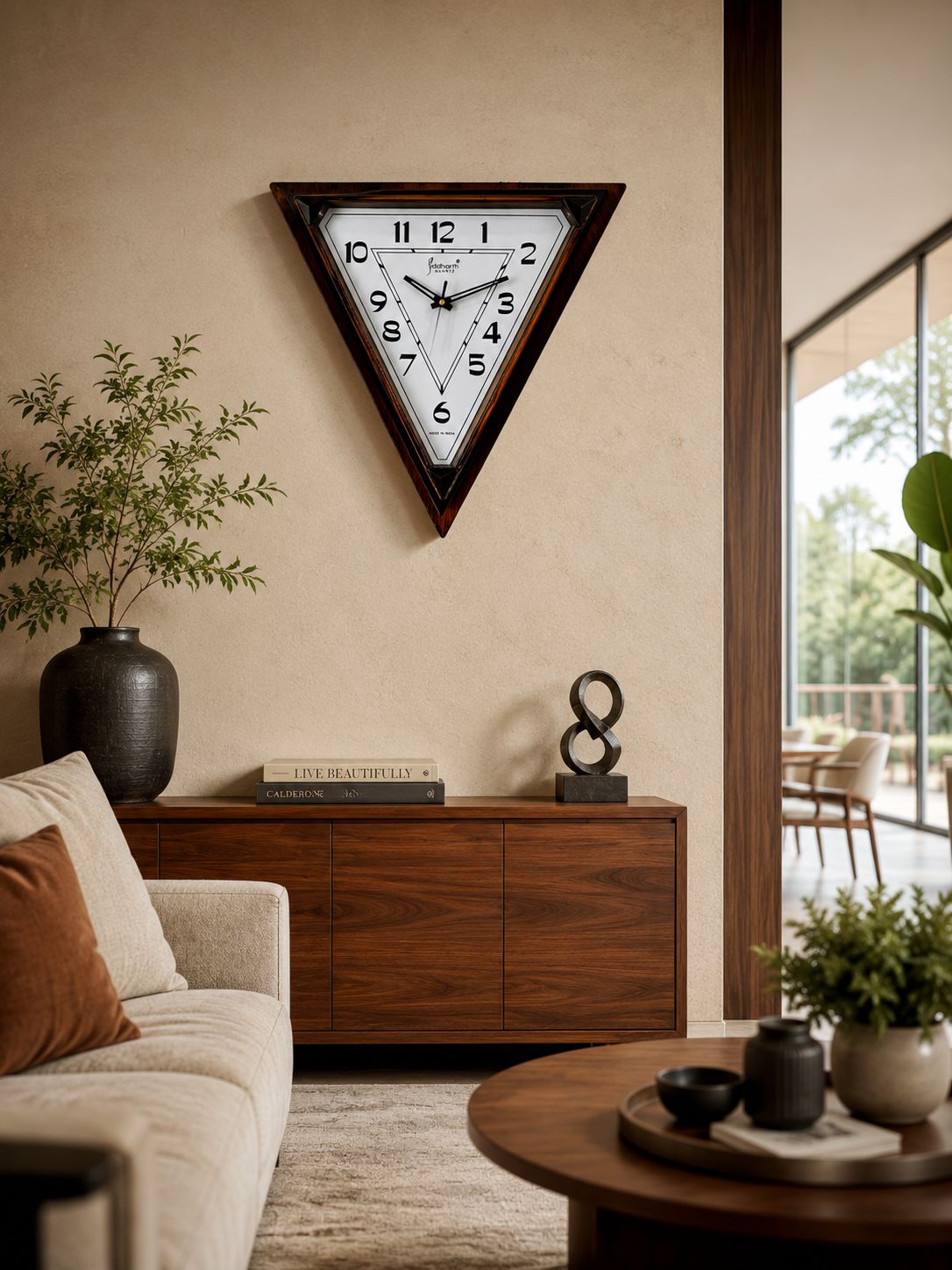 A triangular wall clock with a white face, black numerals, and a dark wood frame, mounted on a beige wall in a modern living room setting.