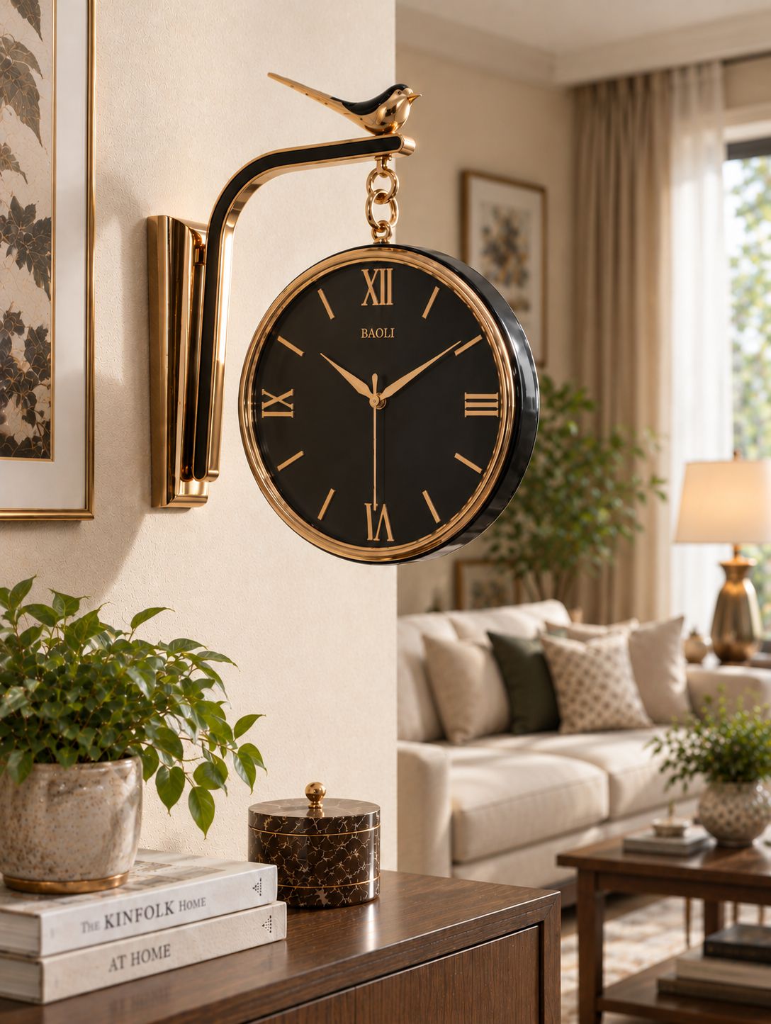 A wall-mounted decorative clock with a black round face, gold Roman numerals, and a curved gold bracket holding a small gold bird. The clock is shown hanging in a styled living room with plants, a sofa, and framed wall art.
