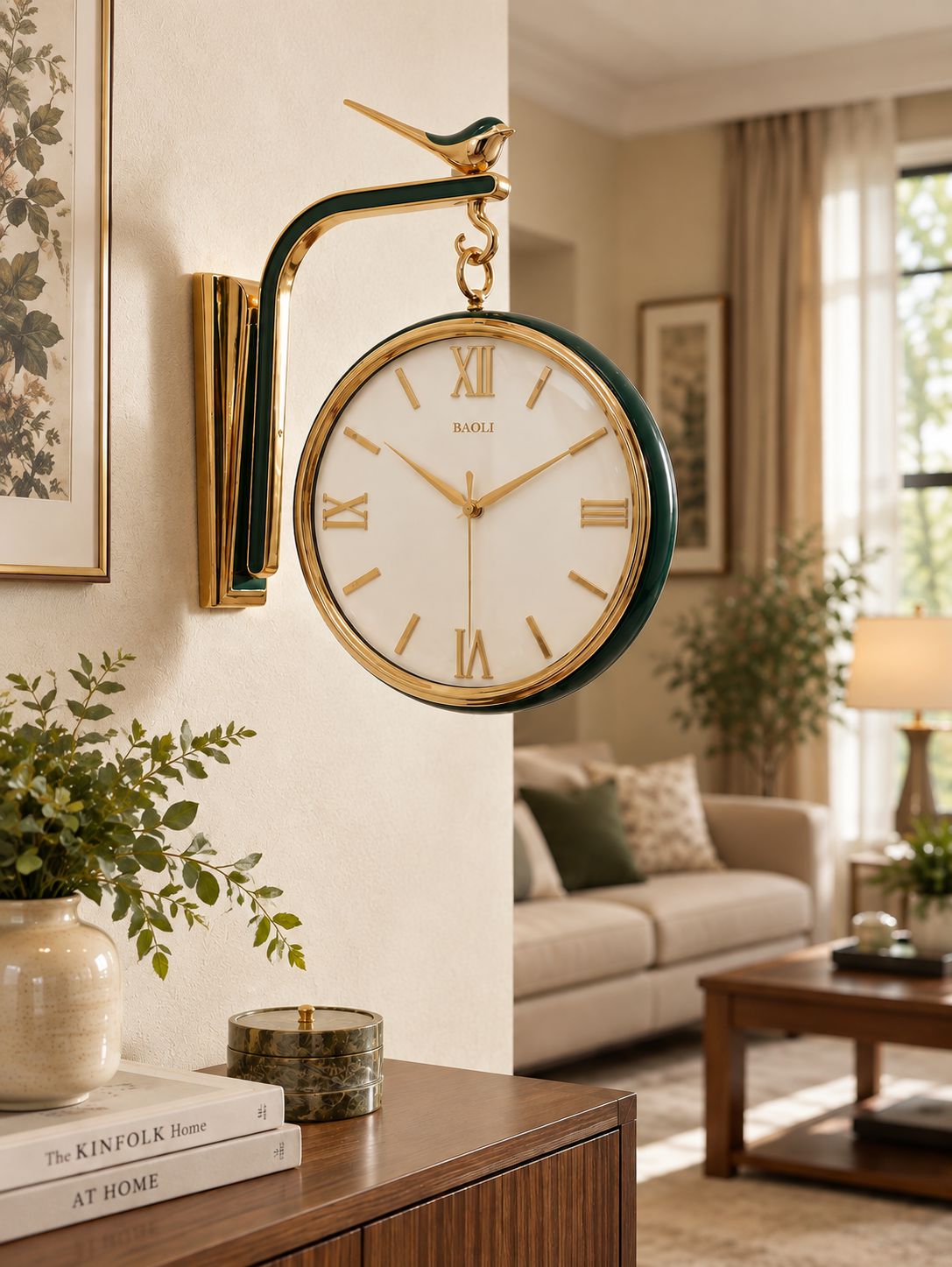 A wall-mounted decorative clock with a white face, gold Roman numerals, and a dark green outer frame, hung on a beige wall in a styled living room. The clock has a gold bird finial at the top and a curved gold bracket.