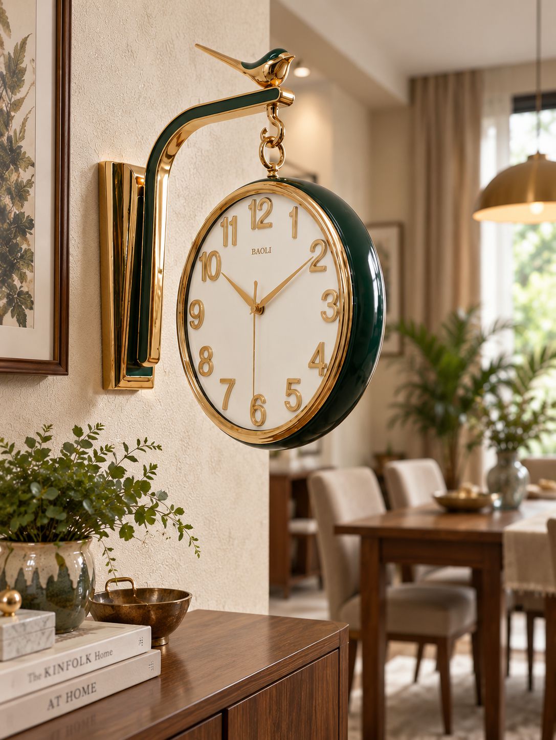 A wall-mounted decorative clock with a white face, gold numerals and frame, a curved dark green bracket, and a gold bird finial, shown hanging in a styled dining room interior.