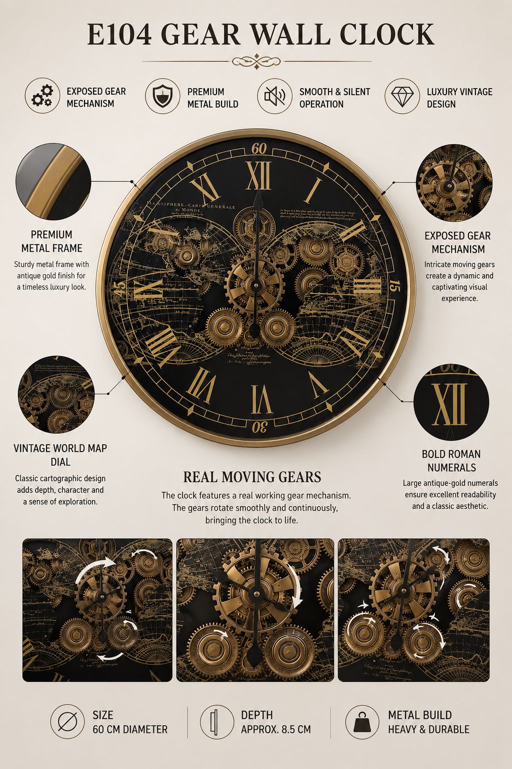 An infographic-style product presentation of an E104 Gear Wall Clock, featuring a large central clock face with Roman numerals, detailed cross-sections of the exposed gear mechanism, and feature callouts on a beige background.
