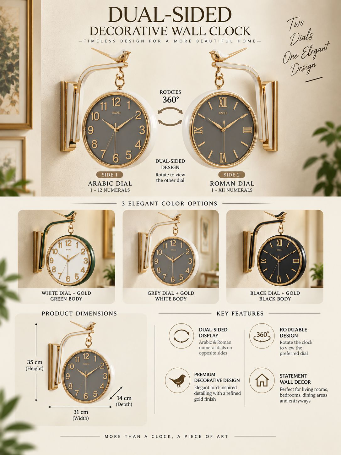 An infographic-style product sheet for a dual-sided decorative wall clock, showing multiple dial color options, dimensions, key features, and descriptive text on a warm beige background with decorative plant and frame elements.