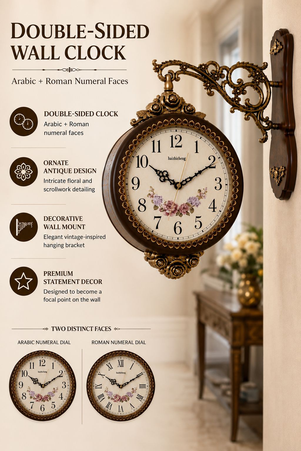 An ornate double-sided wall clock with an antique bronze mount, shown on a beige wall in an interior setting. The product features Arabic and Roman numeral faces, with decorative floral details on the clock face and text callouts on the left describing features like double-sided clock faces, ornate antique design, and decorative wall mount.