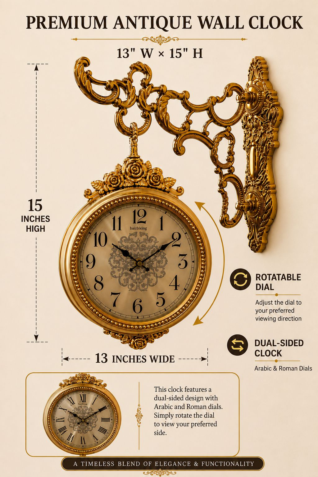 An ornate gold wall clock with a large round dial, decorative scrollwork mount, and dimension callouts showing 13 inches wide by 15 inches high. The graphic includes text describing features such as a rotatable dial and dual-sided dial, plus a small inset showing the clock face detail on a beige background.