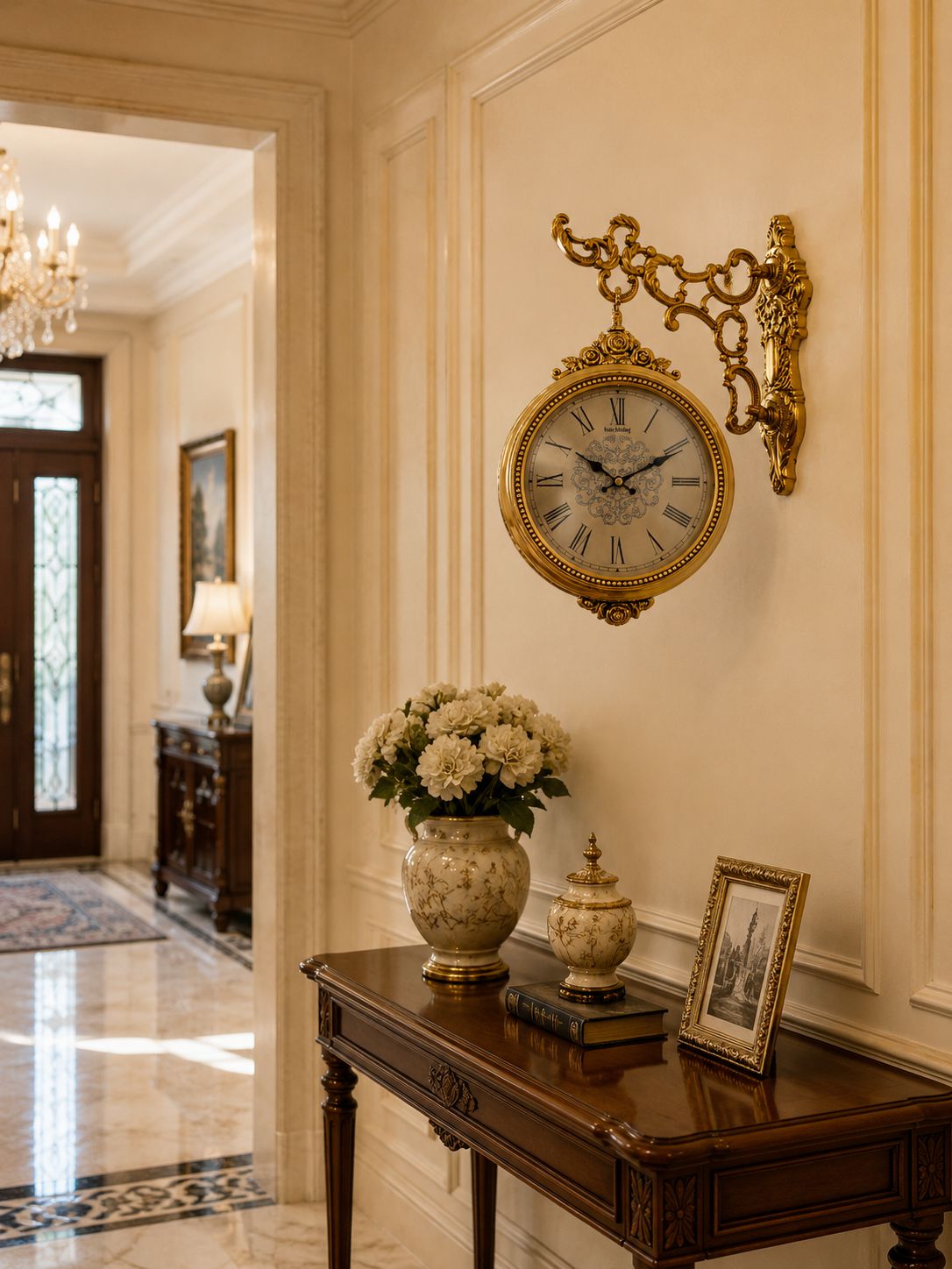 An ornate vintage-style gold wall clock with a decorative scroll bracket and classical face, mounted on a cream paneled wall above a dark wood console table decorated with a vase of white flowers.