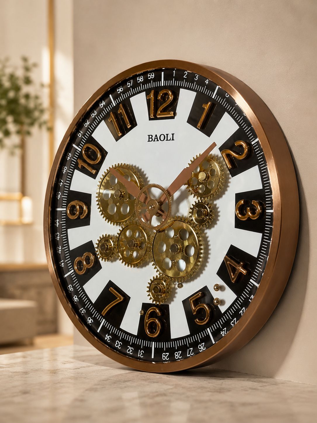 Angled perspective of black and gold moving gear wall clock with premium finish