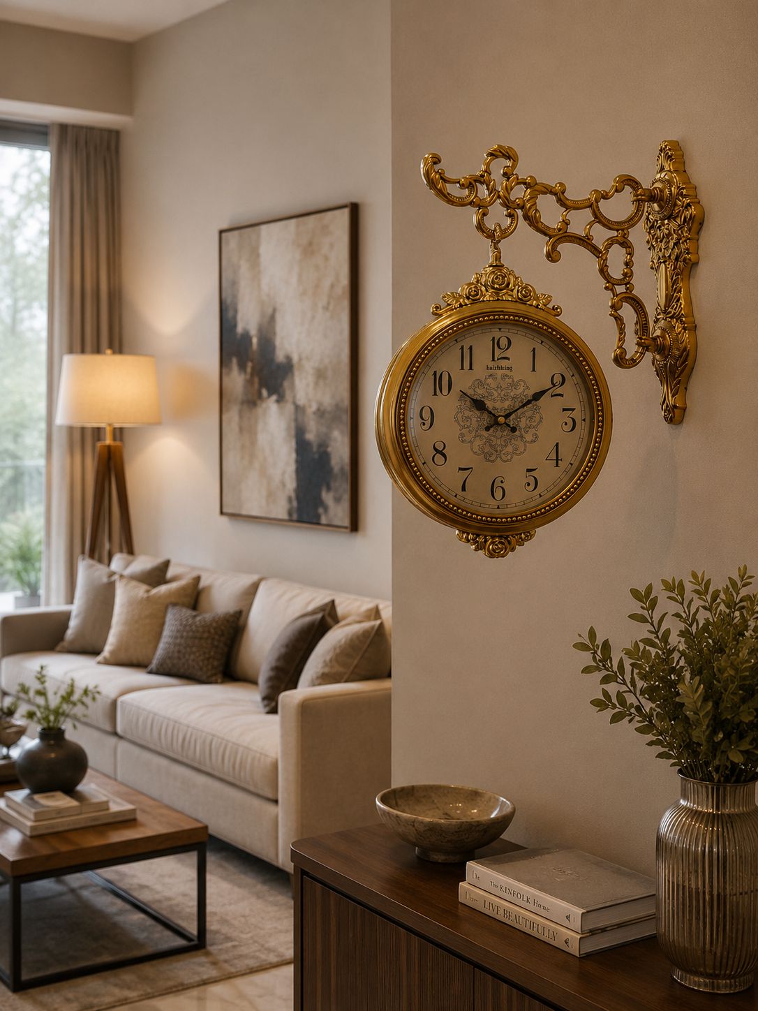 Antique gold double sided wall clock with ornate decorative bracket in luxury living room