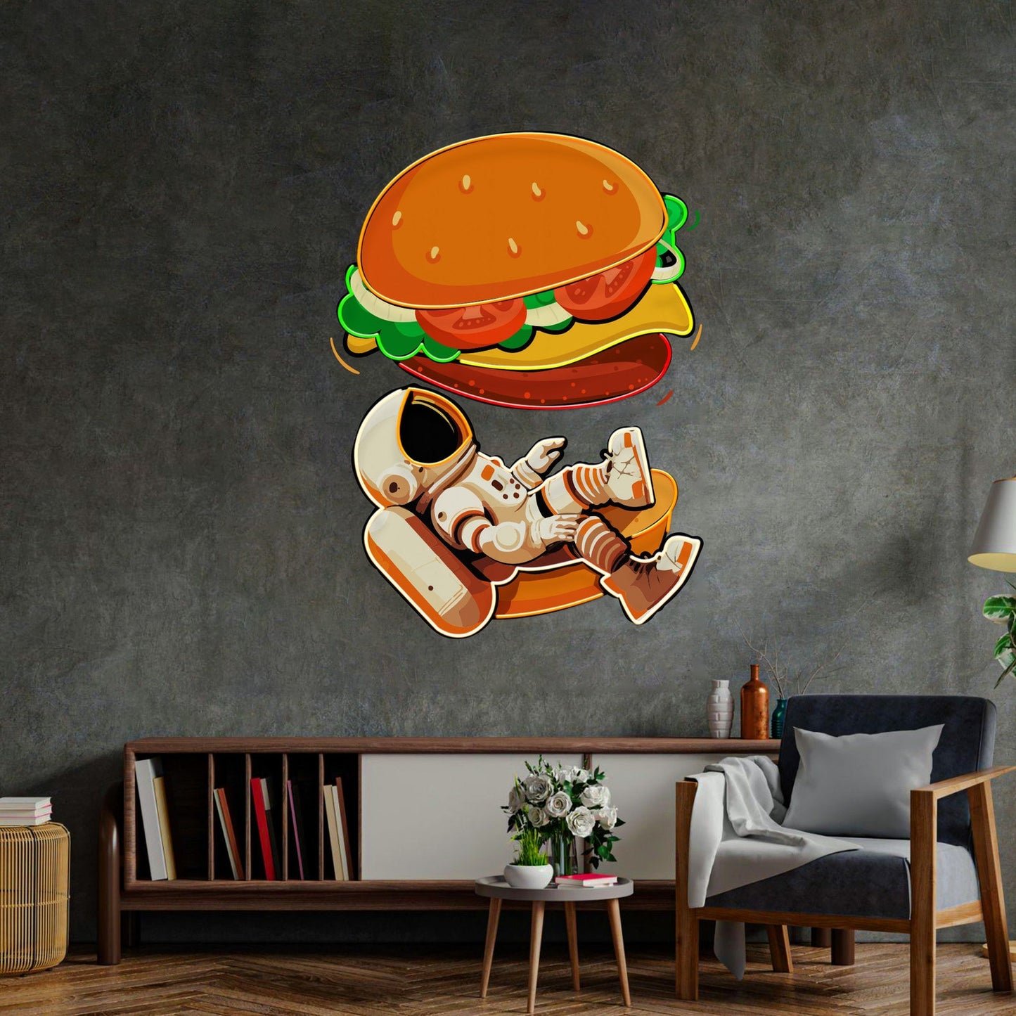 Astronaut Burger Neon Sign - Astronaut Wall Art | Custom Business Logo LED Light | Coffee Shop Decor | FunkyDecors