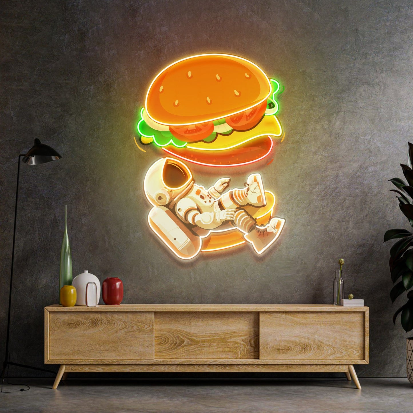 Astronaut Burger Neon Sign - Astronaut Wall Art | Custom Business Logo LED Light | Coffee Shop Decor | FunkyDecors