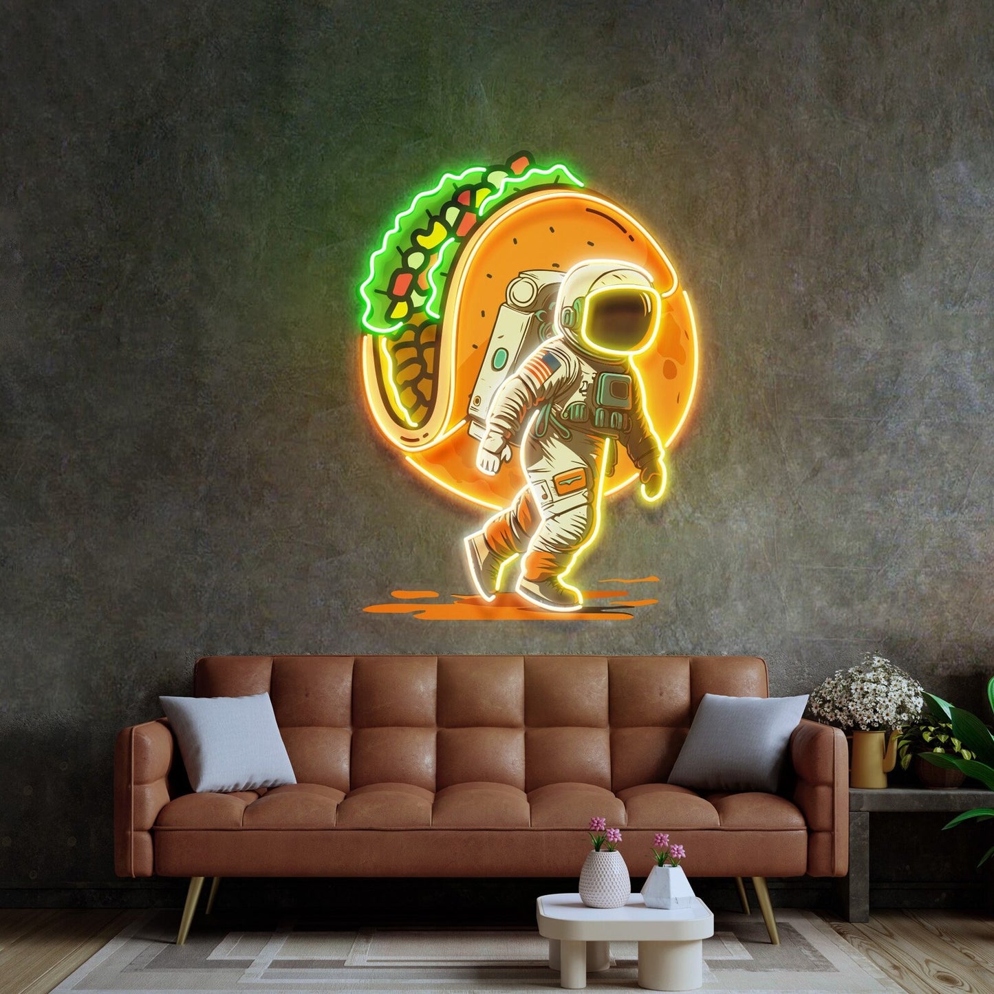 Astronaut Carrying Tacos Neon Sign - Astronaut Wall Art | Custom Business Logo LED Light | Coffee Shop Decor | FunkyDecors