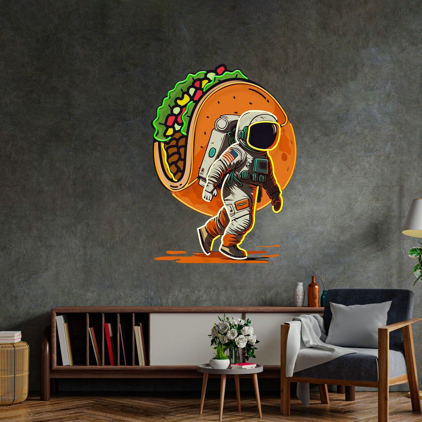 Astronaut Carrying Tacos Neon Sign - Astronaut Wall Art | Custom Business Logo LED Light | Coffee Shop Decor | FunkyDecors