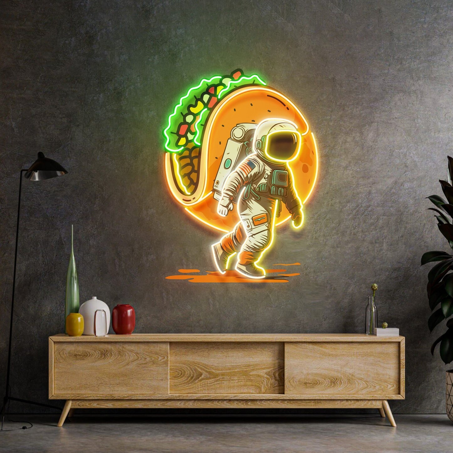 Astronaut Carrying Tacos Neon Sign - Astronaut Wall Art | Custom Business Logo LED Light | Coffee Shop Decor | FunkyDecors