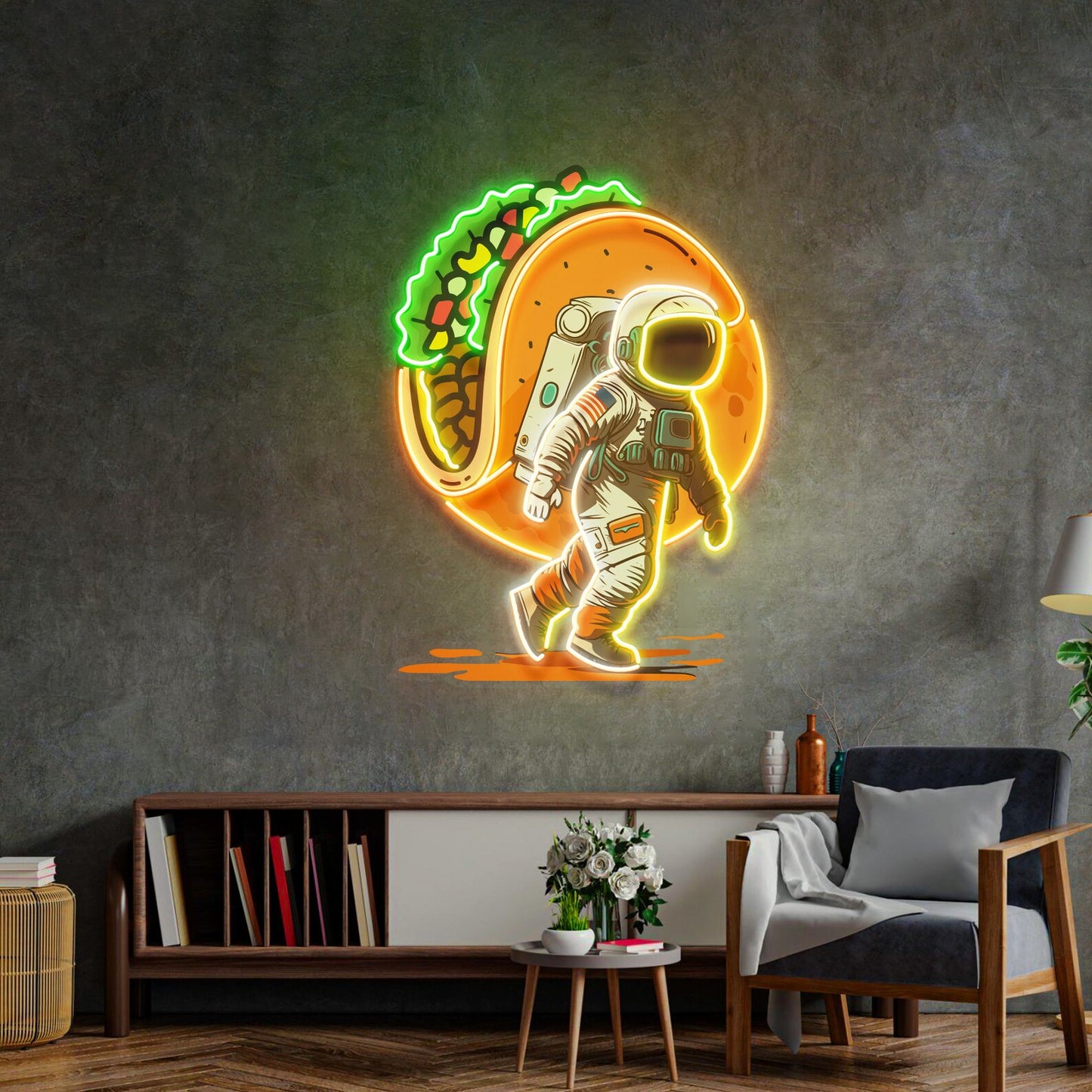 Astronaut Carrying Tacos Neon Sign - Astronaut Wall Art | Custom Business Logo LED Light | Coffee Shop Decor | FunkyDecors