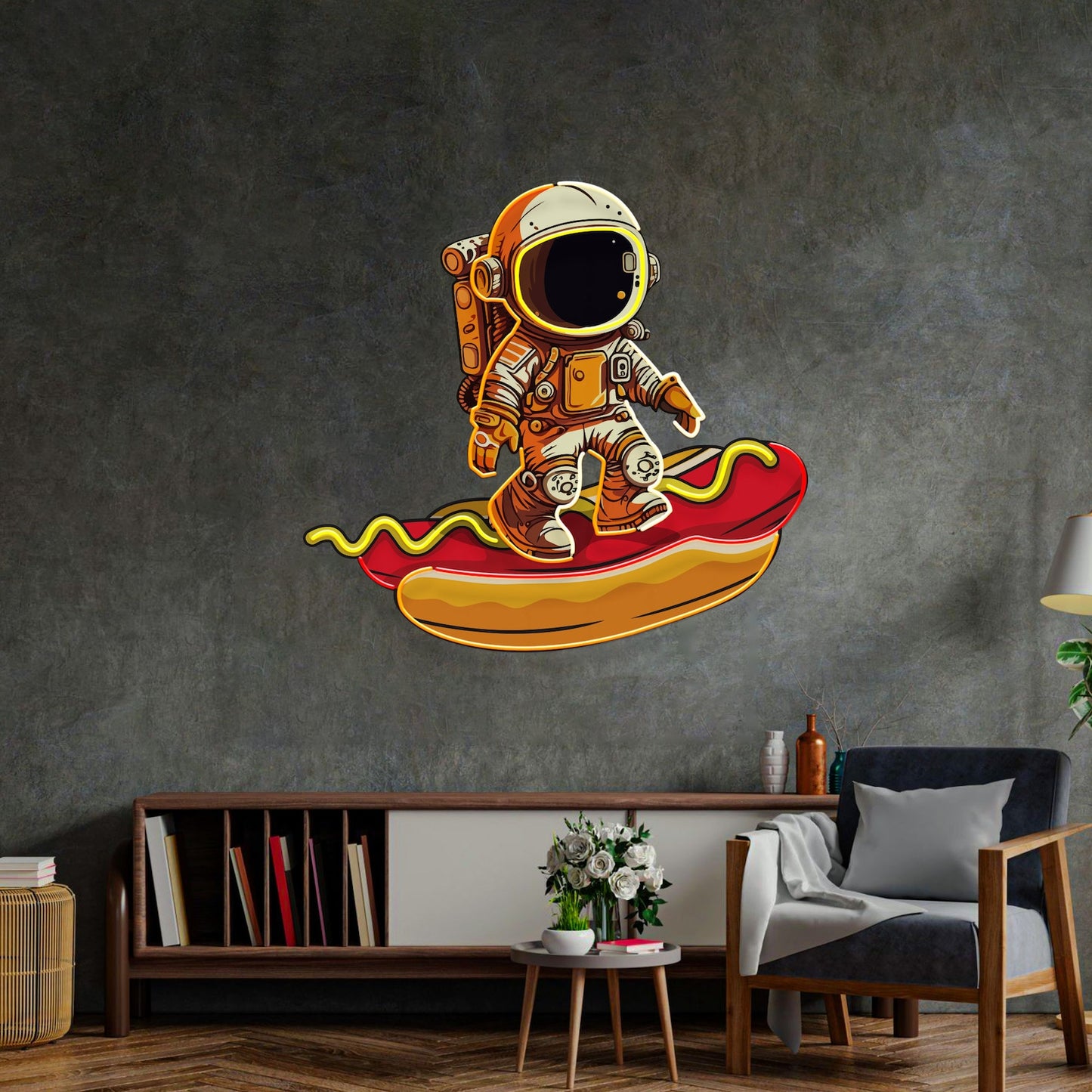 Astronaut On Hot Dog Neon Sign - Astronaut Wall Art | Custom Business Logo LED Light | Coffee Shop Decor | FunkyDecors