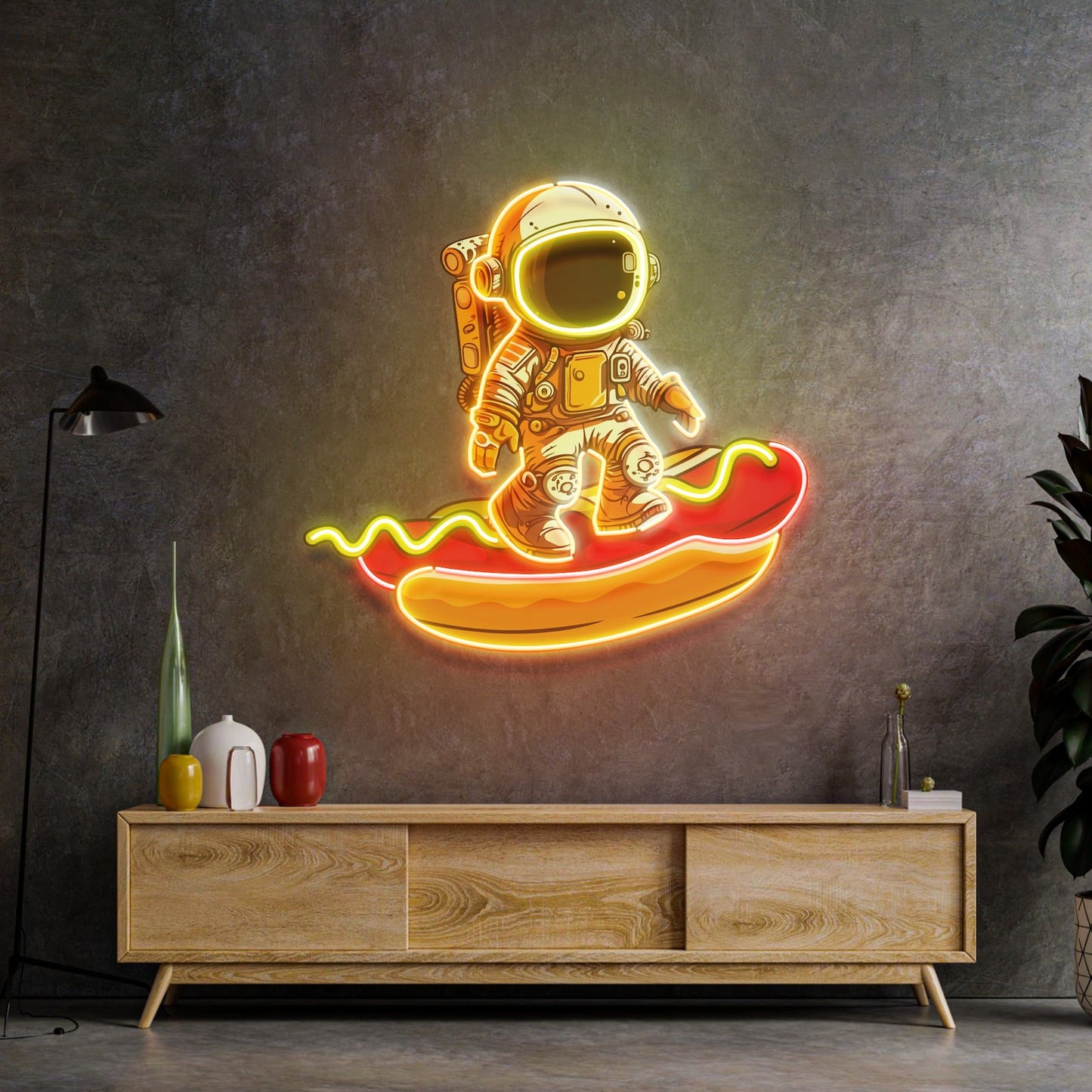 Astronaut On Hot Dog Neon Sign - Astronaut Wall Art | Custom Business Logo LED Light | Coffee Shop Decor | FunkyDecors