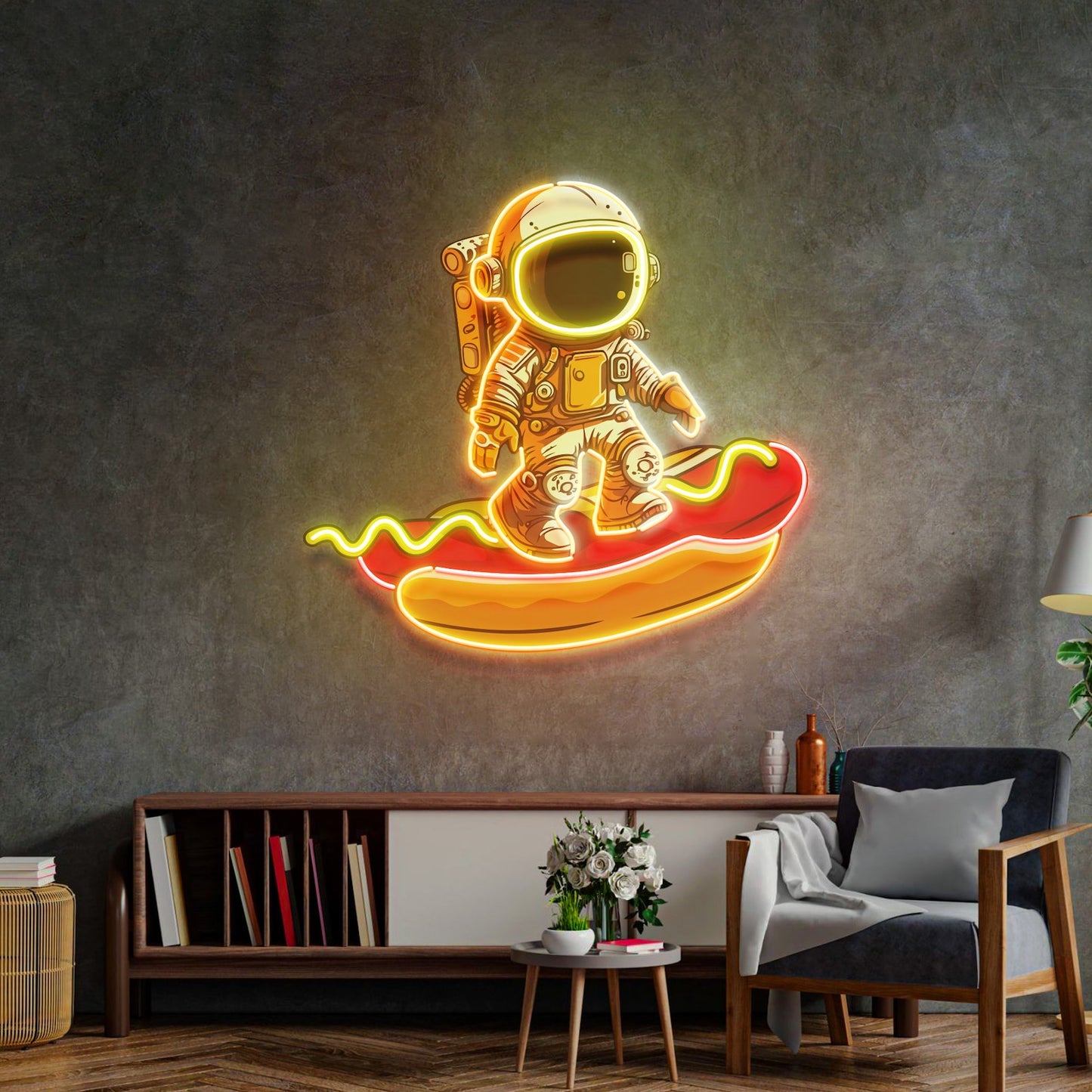 Astronaut On Hot Dog Neon Sign - Astronaut Wall Art | Custom Business Logo LED Light | Coffee Shop Decor | FunkyDecors