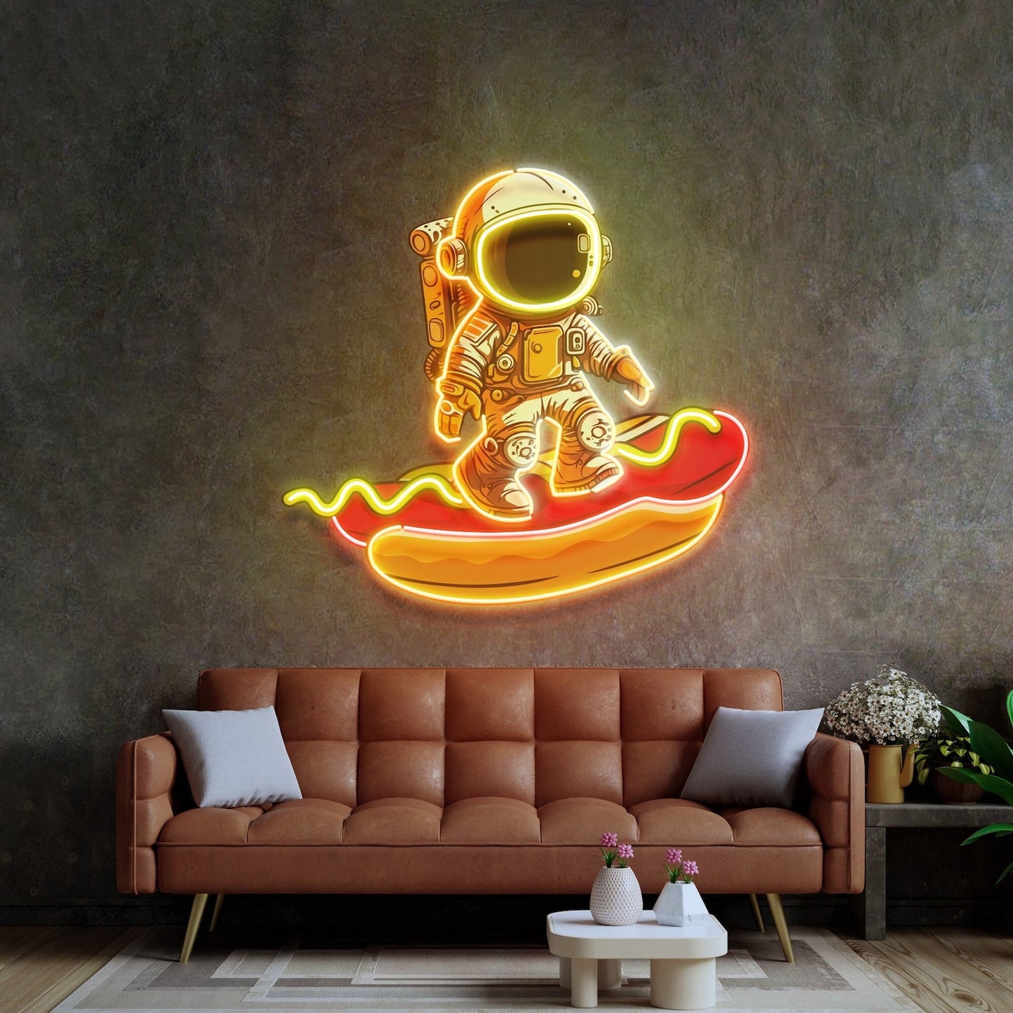 Astronaut On Hot Dog Neon Sign - Astronaut Wall Art | Custom Business Logo LED Light | Coffee Shop Decor | FunkyDecors